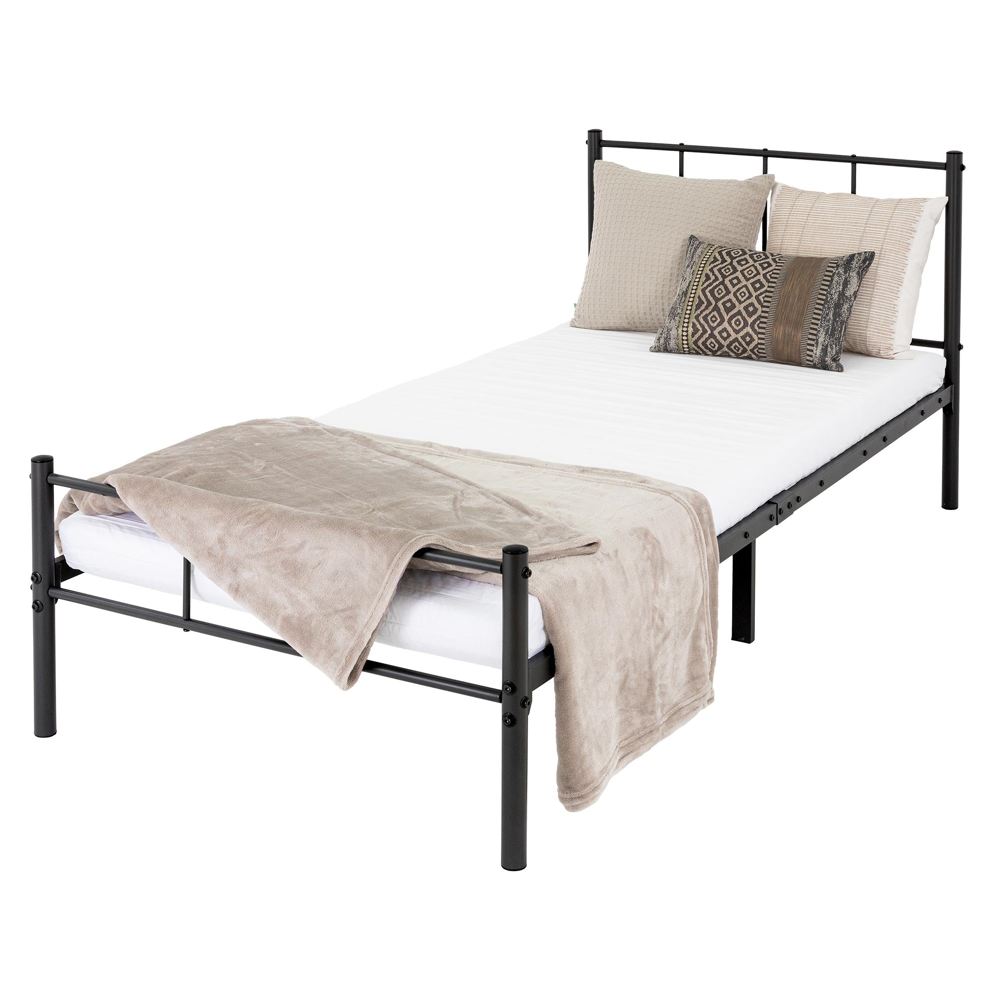 Ein einfaches Bett mit einer grauen Decke und Kissen auf der Matratze.