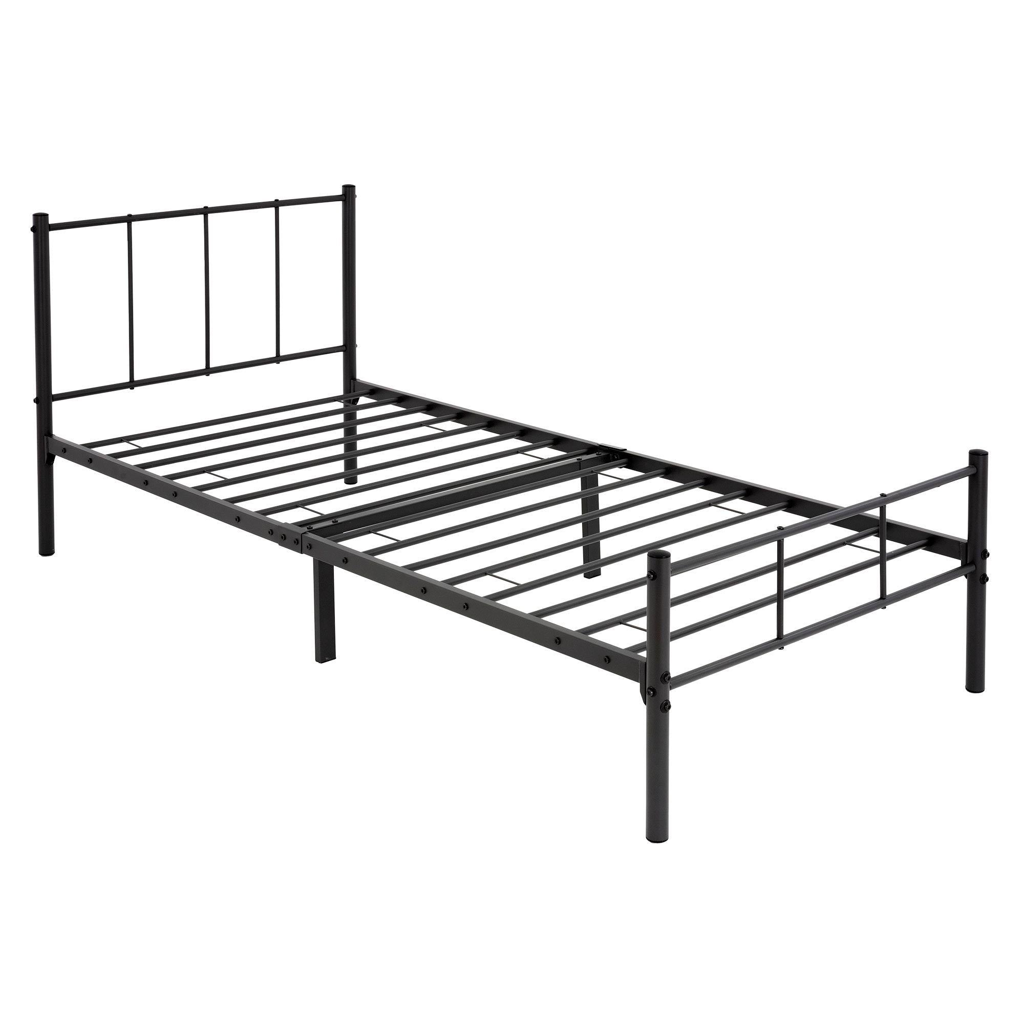 Schwarzes Bettgestell in seitlicher Ansicht, ohne Matratze.