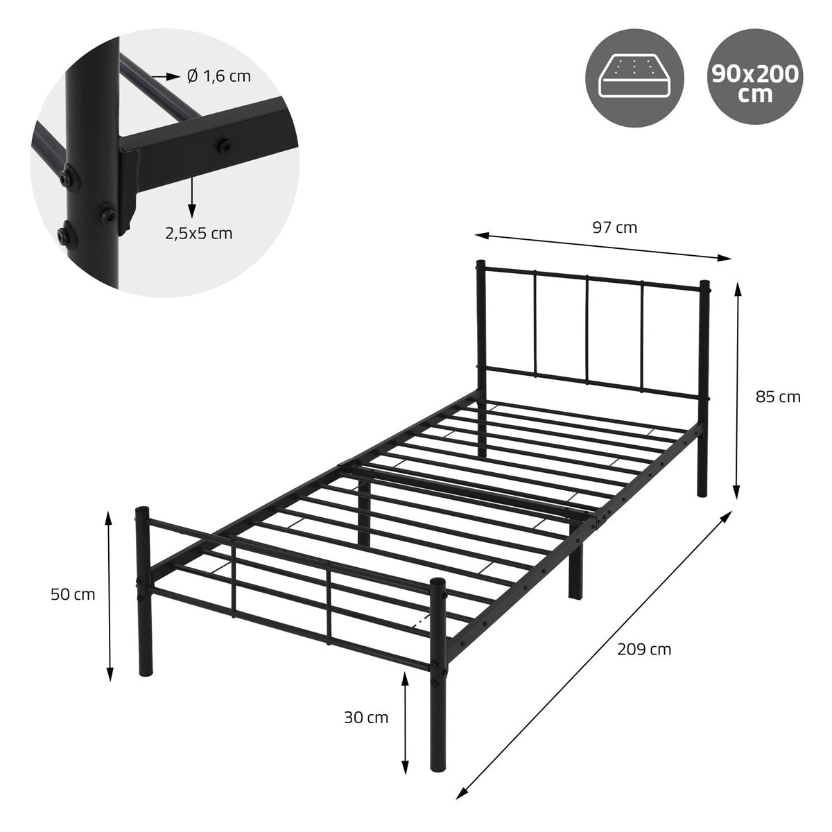 Black bed frame with measurements and details of the bars.
