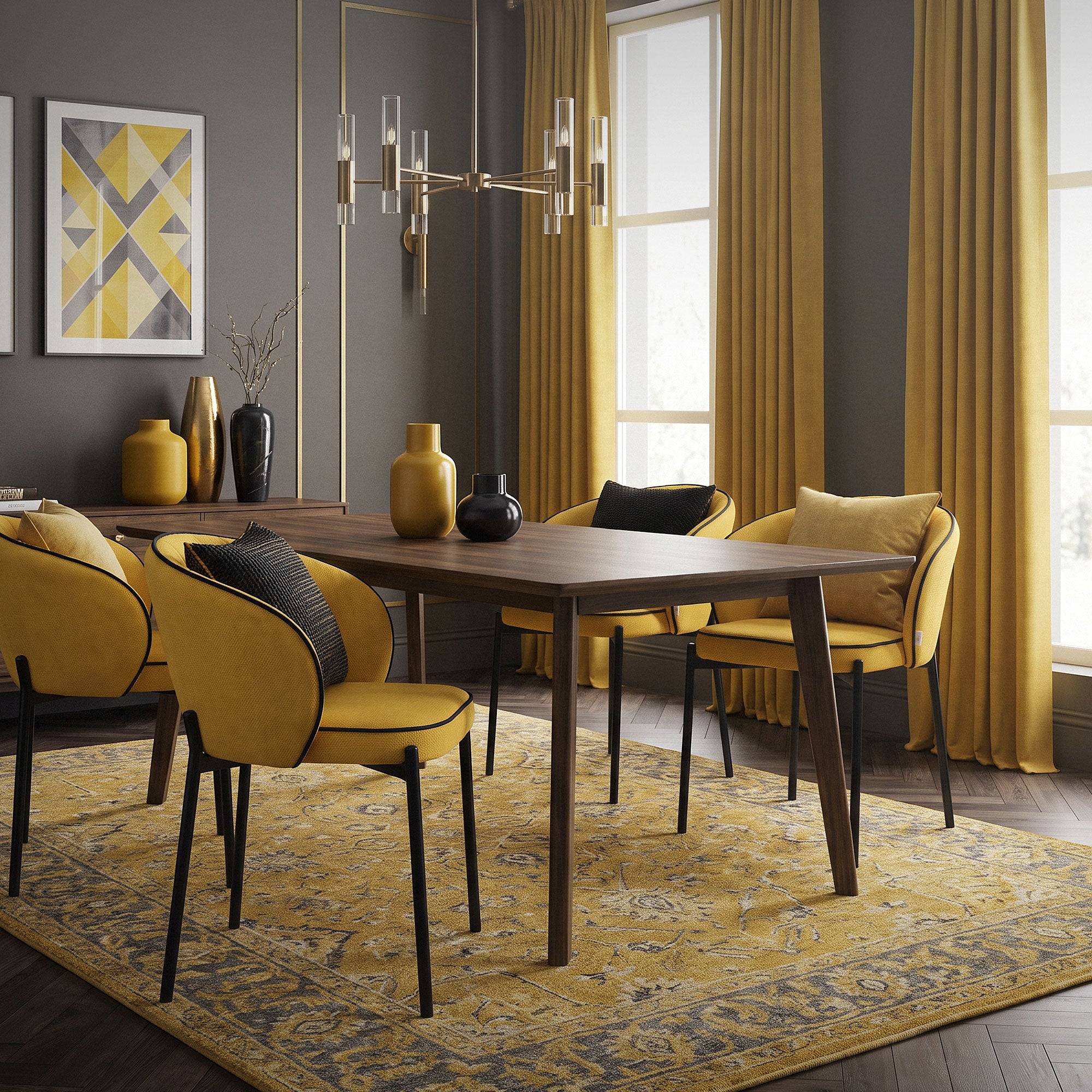 Dining room with yellow chairs, wooden table, and yellow curtains.