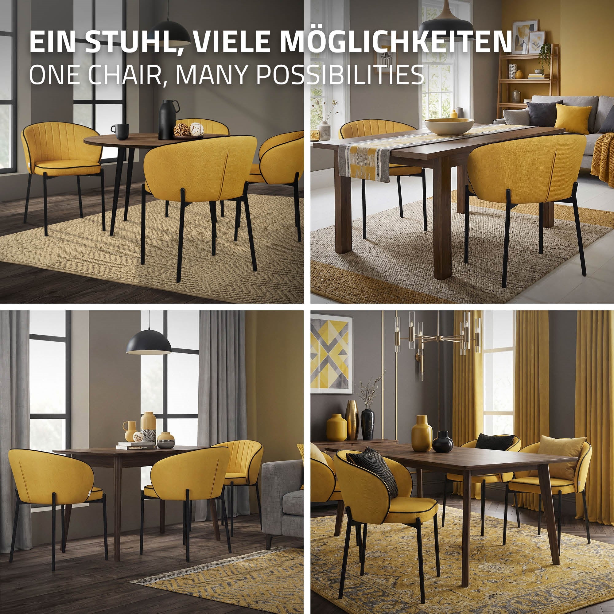 Four images of a dining room with yellow chairs and a wooden table.