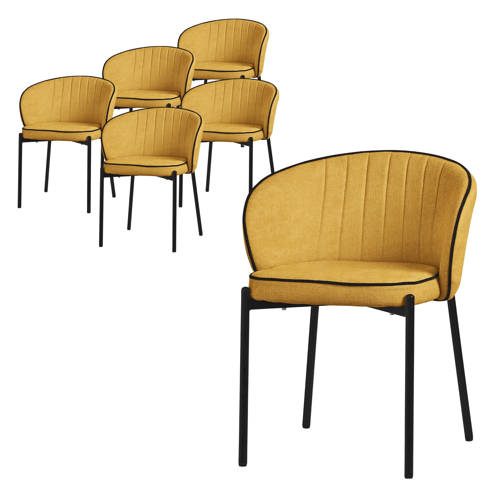 Six yellow chairs with black frames in a group.