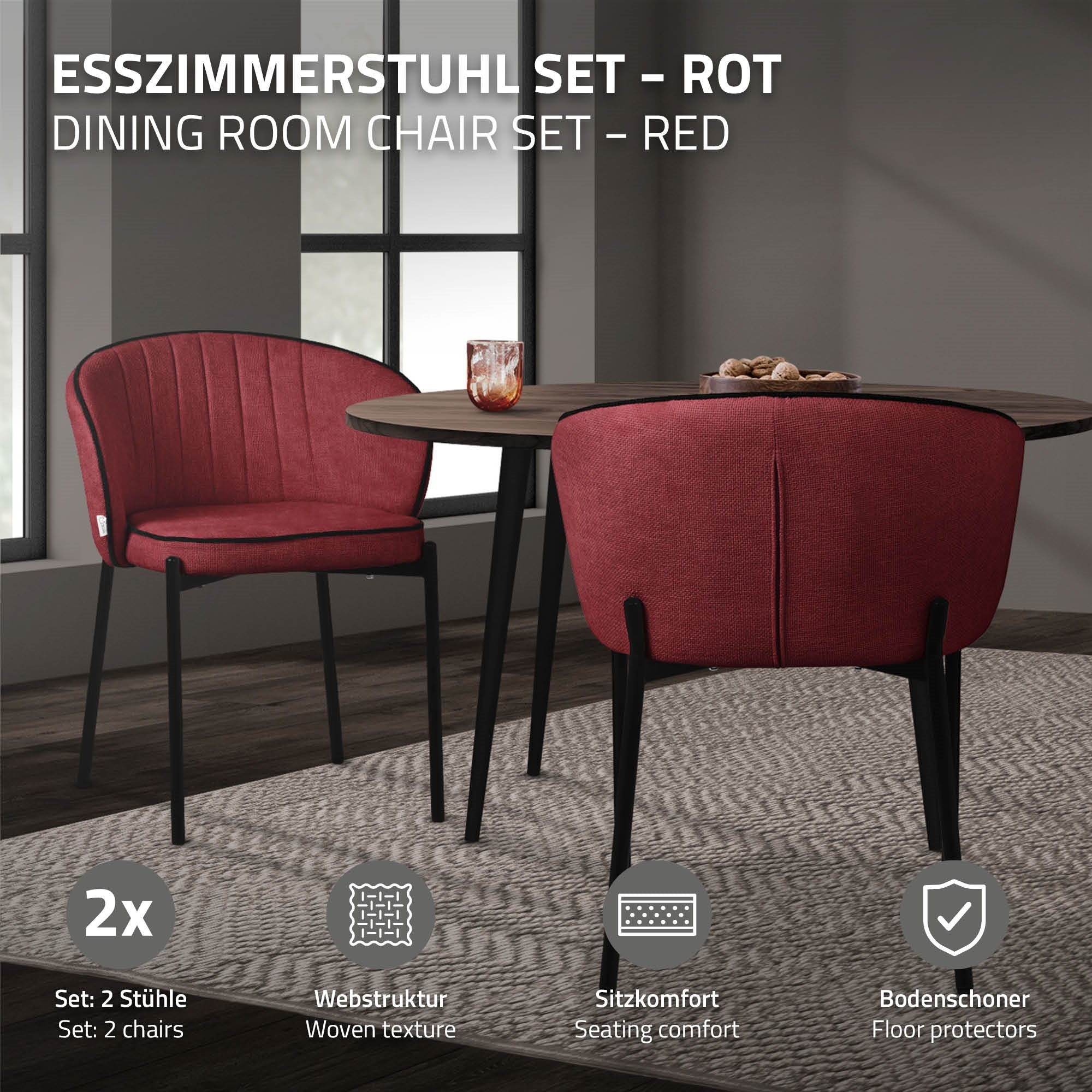 Esszimmerstuhl-Set in Rot, zwei Stühle, auf einem Teppich.