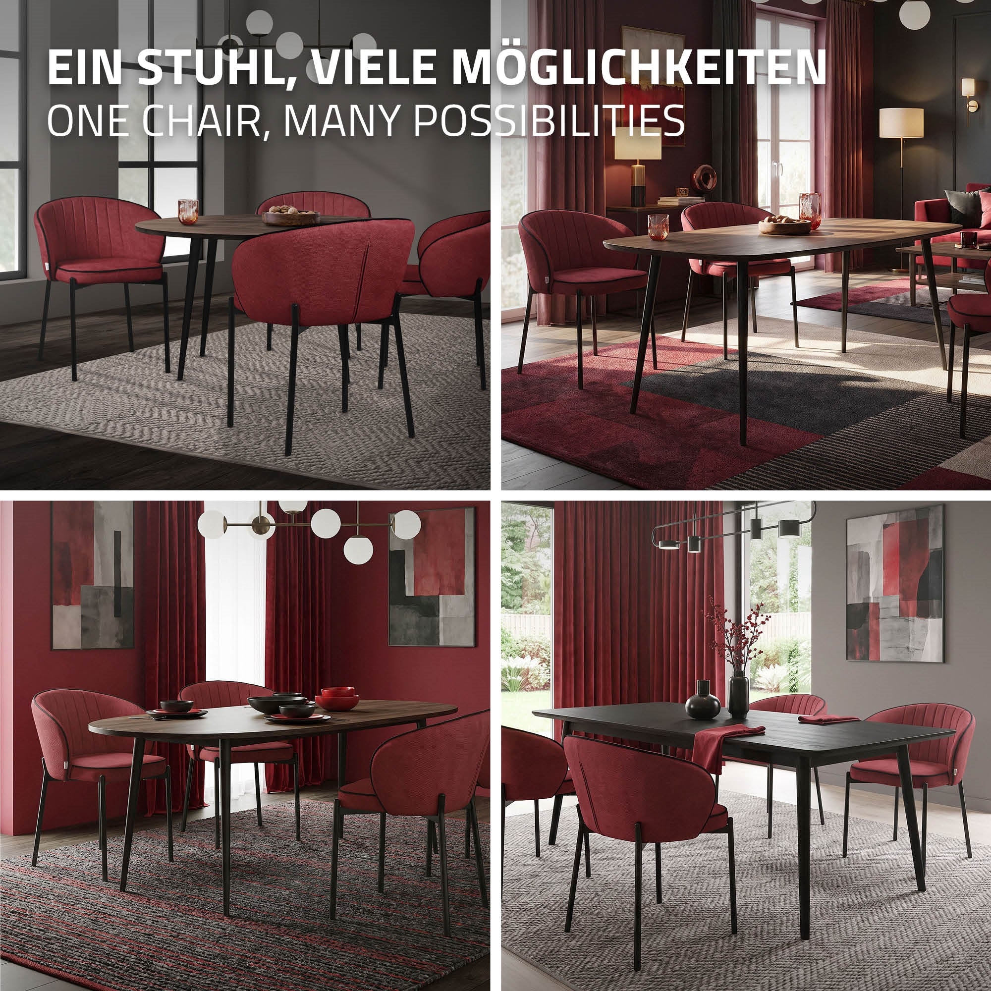 Roter Stuhl in verschiedenen Wohnräumen, zeigt vielseitige Nutzungsmöglichkeiten.