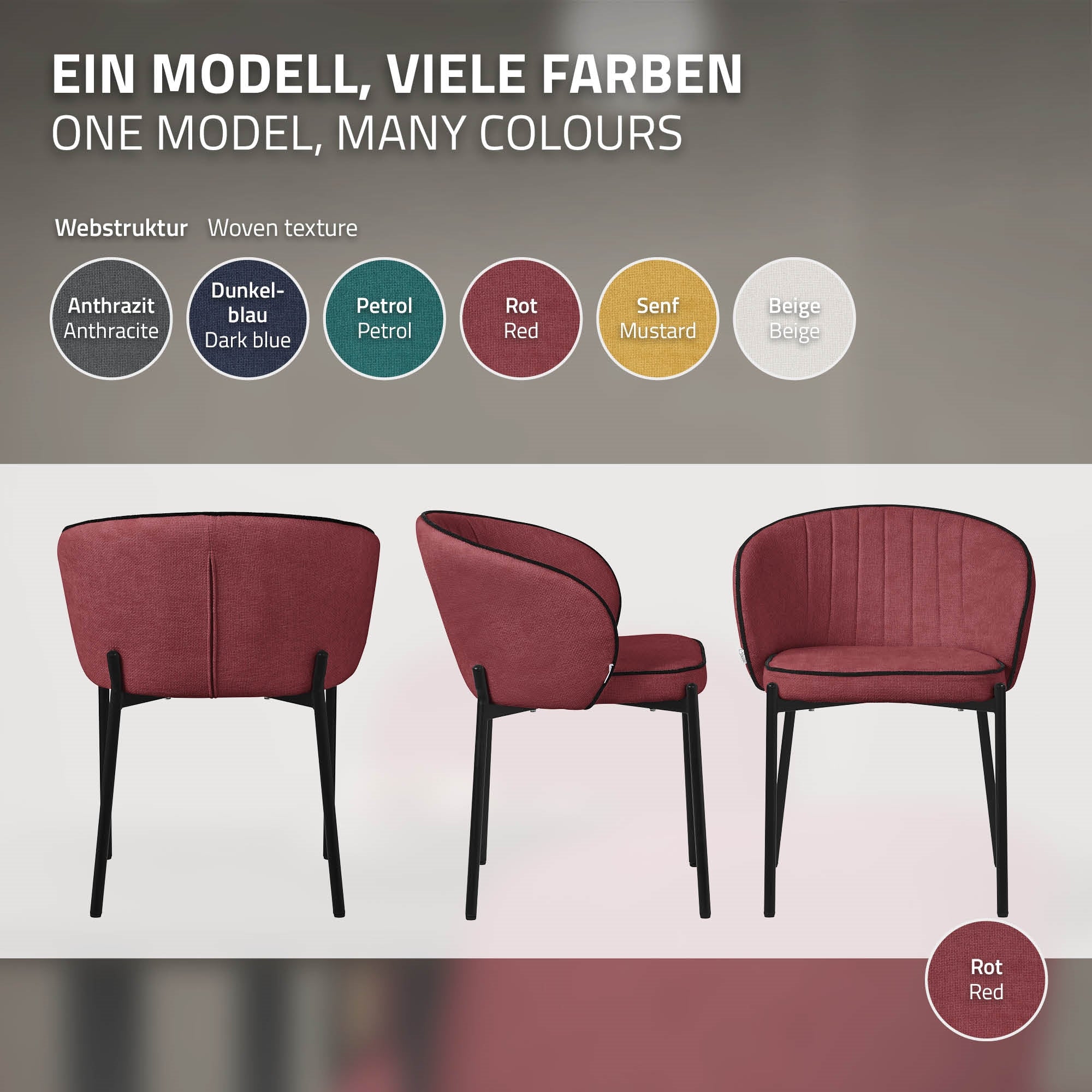 Drei Stühle in verschiedenen Farben auf einem neutralen Hintergrund.