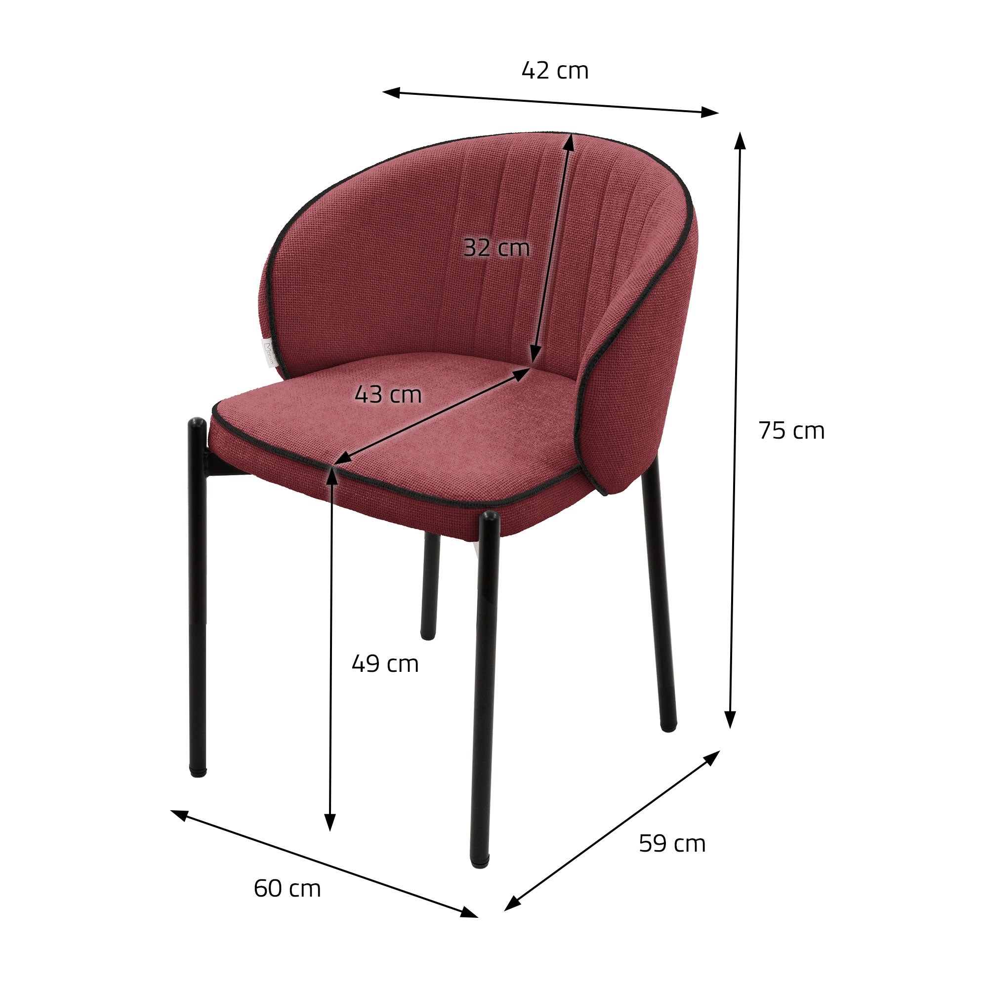 Piros szék méretei: 42 cm szélesség, 75 cm magasság, 60 cm mélység.