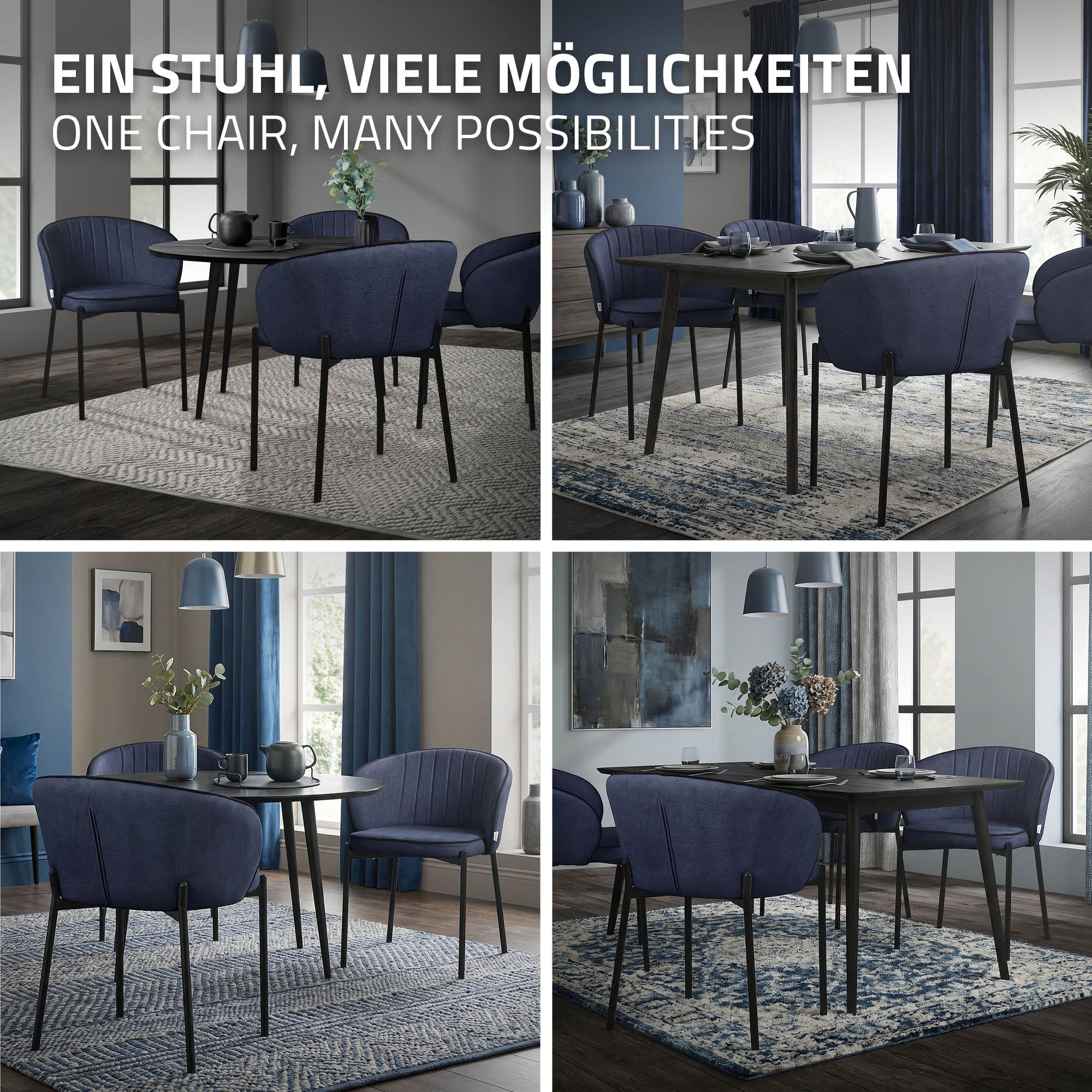 Verschiedene Möglichkeiten, einen blauen Stuhl in einem Esszimmer zu nutzen.