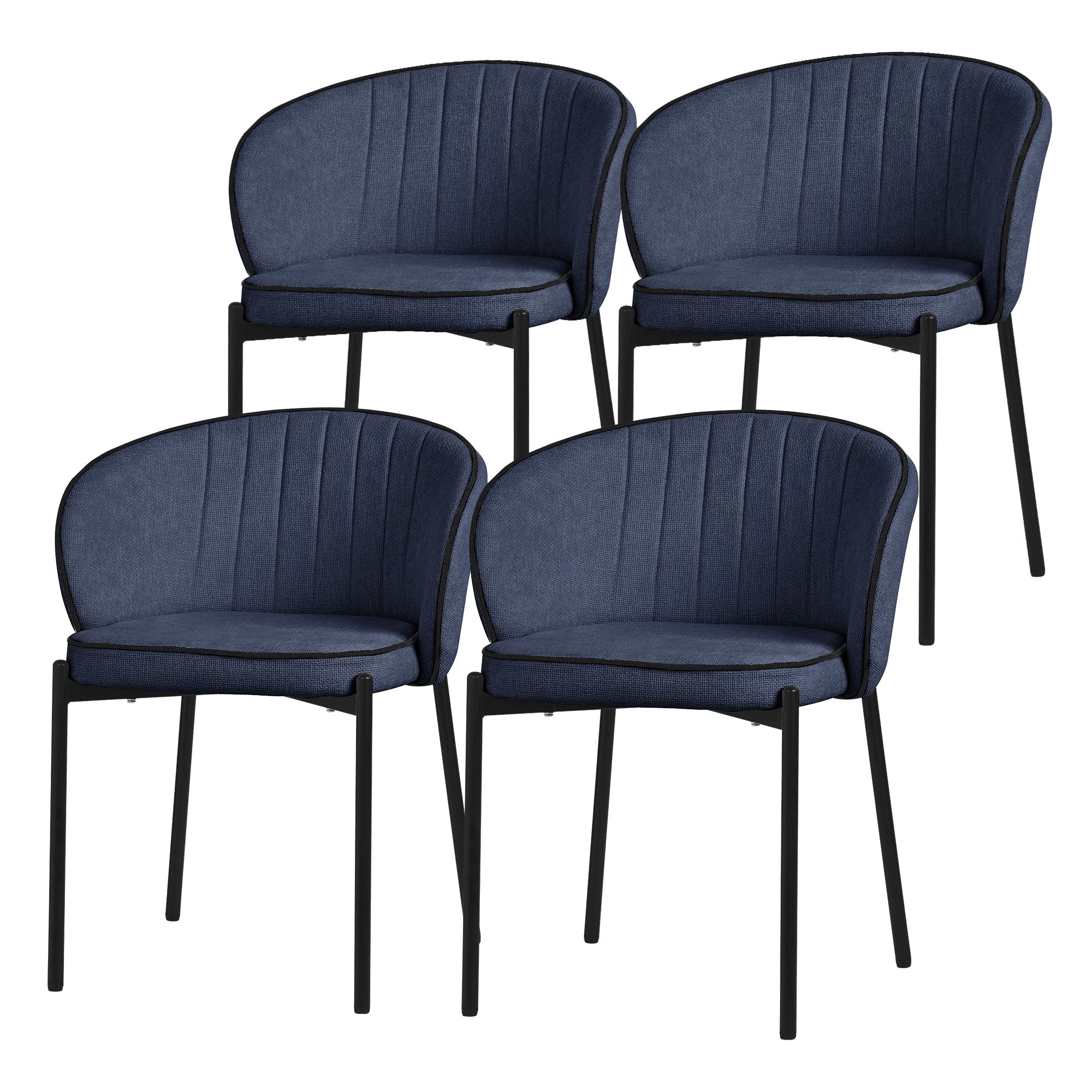 Vier dunkelblaue Stühle mit schwarzem Gestell.