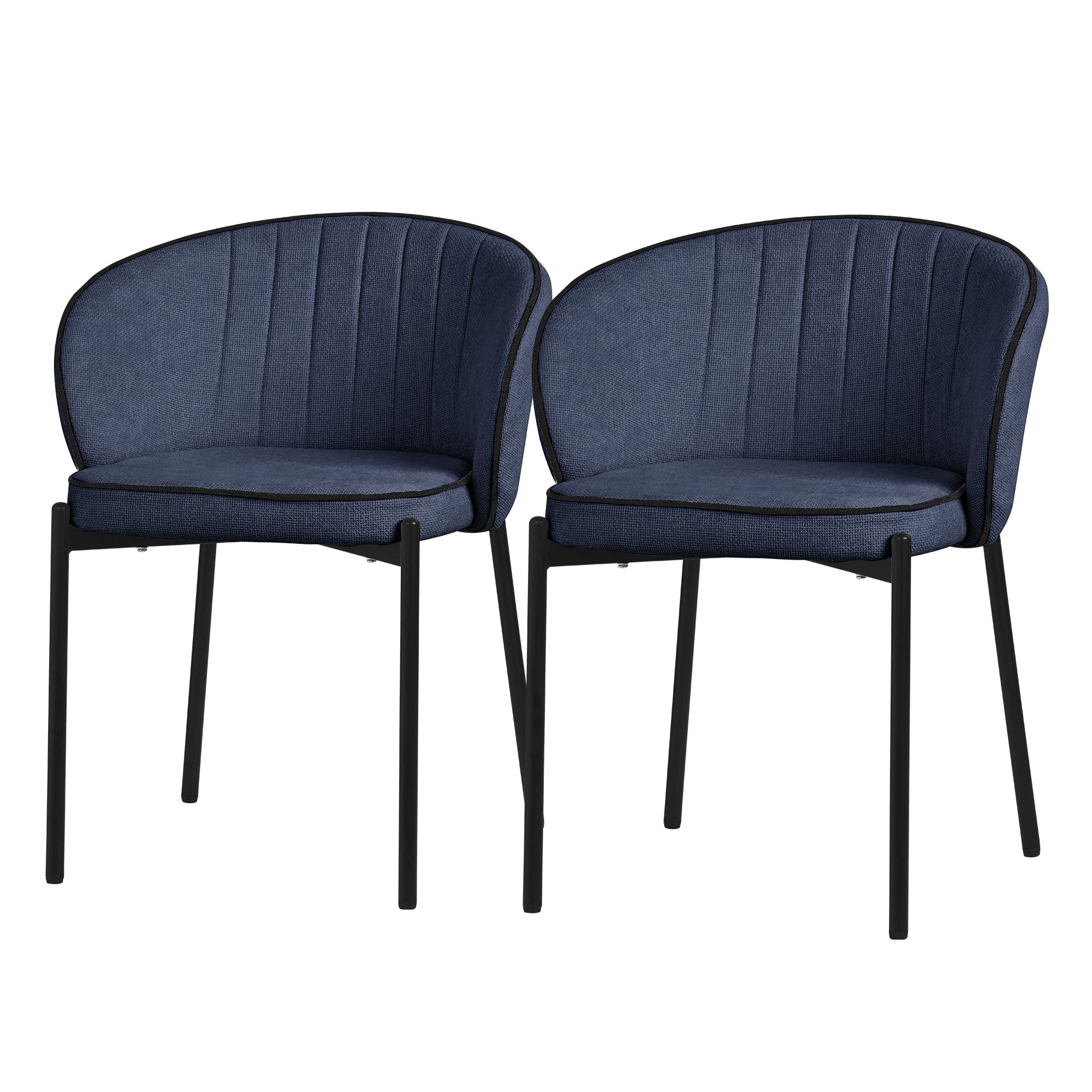 Zwei blaue Stühle mit gepolsterten Sitzen und schwarzen Beinen.