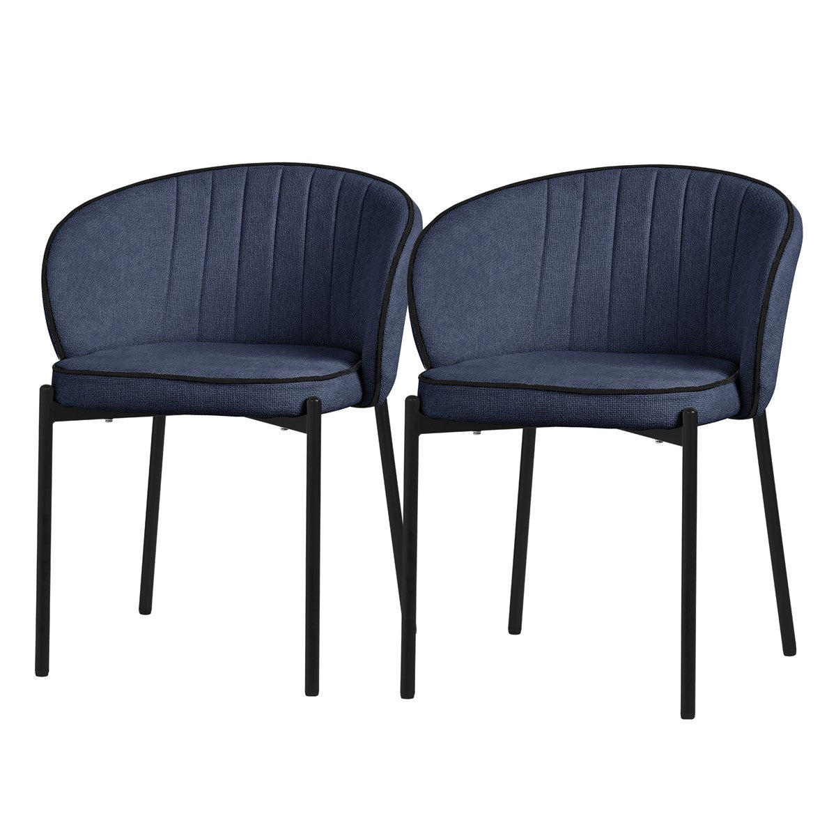 Zwei blaue Stühle mit gepolsterten Sitzen und schwarzen Beinen.