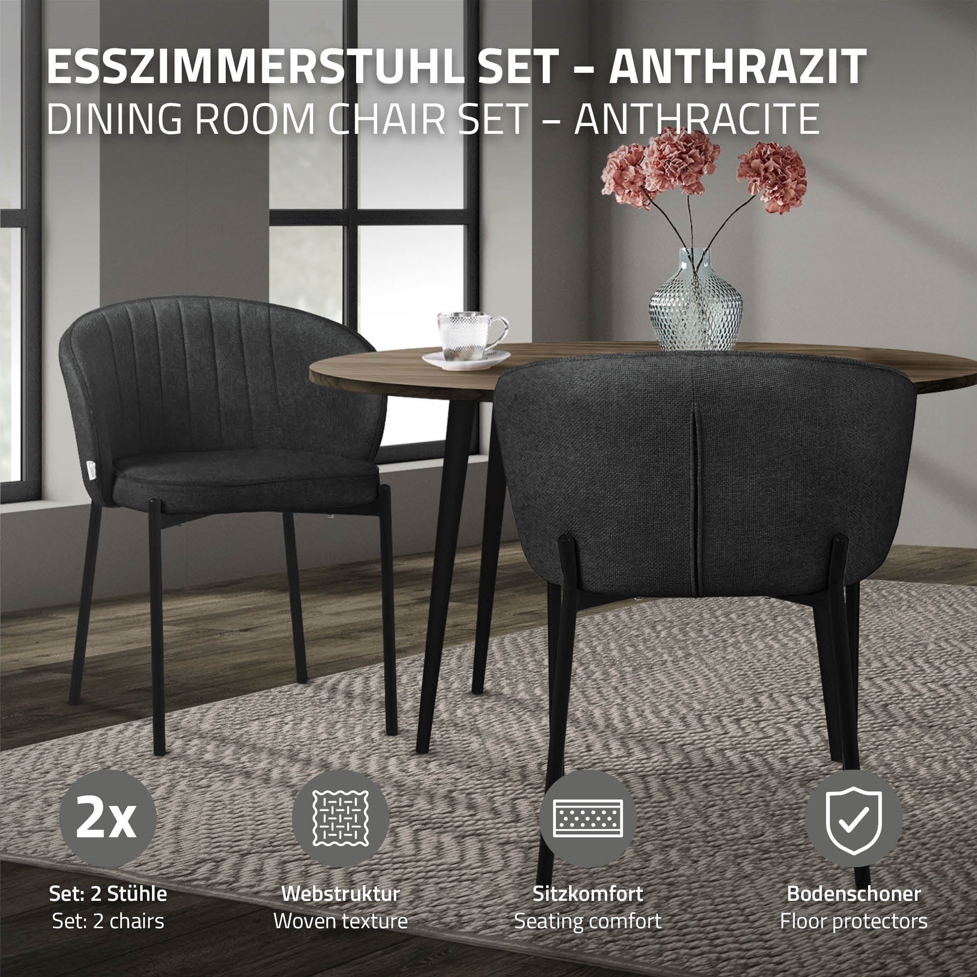 Esszimmerstuhl Set in Anthrazit, zwei Stühle, runder Tisch, Blumen in der Mitte.