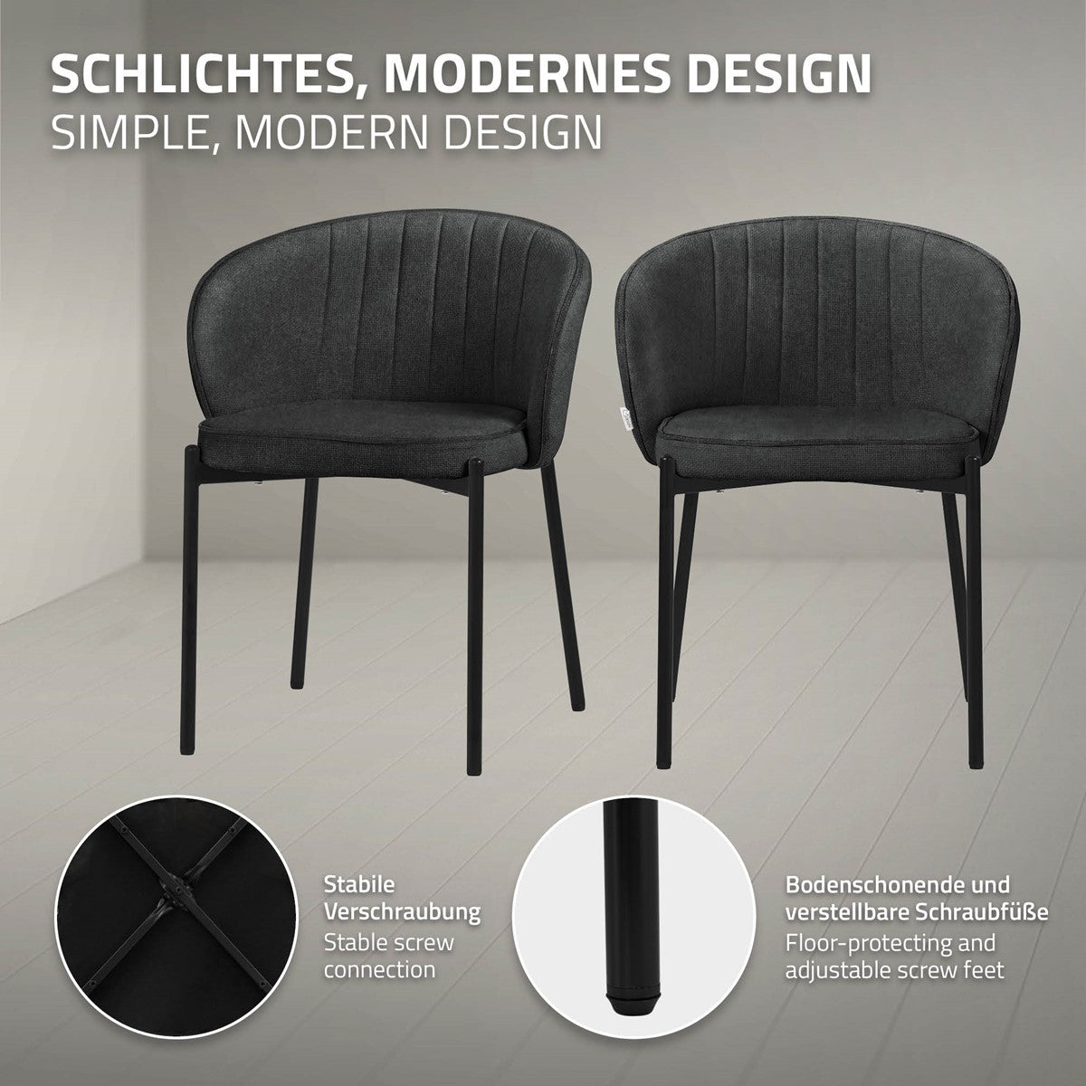 Dvě černé židle s moderním designem stojí v místnosti.