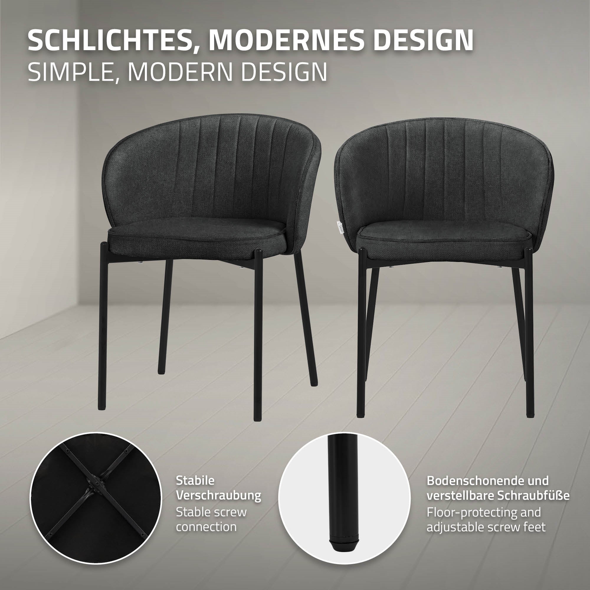 Zwei schwarze Stühle mit modernem Design stehen in einem Raum.