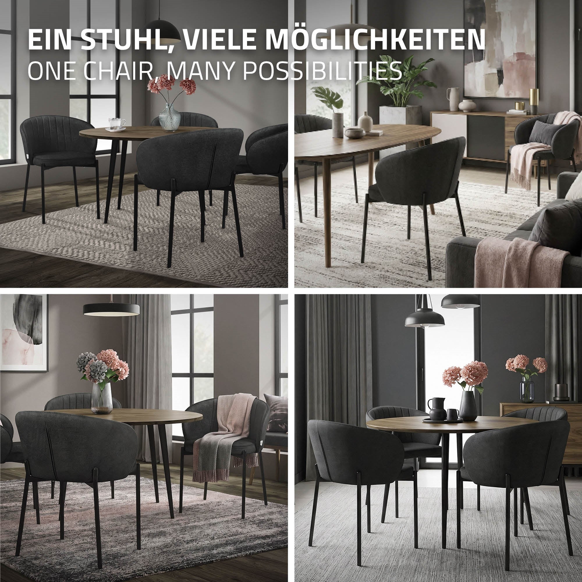 Ein Esszimmer mit einem runden Tisch und mehreren Stühlen in verschiedenen Anordnungen.