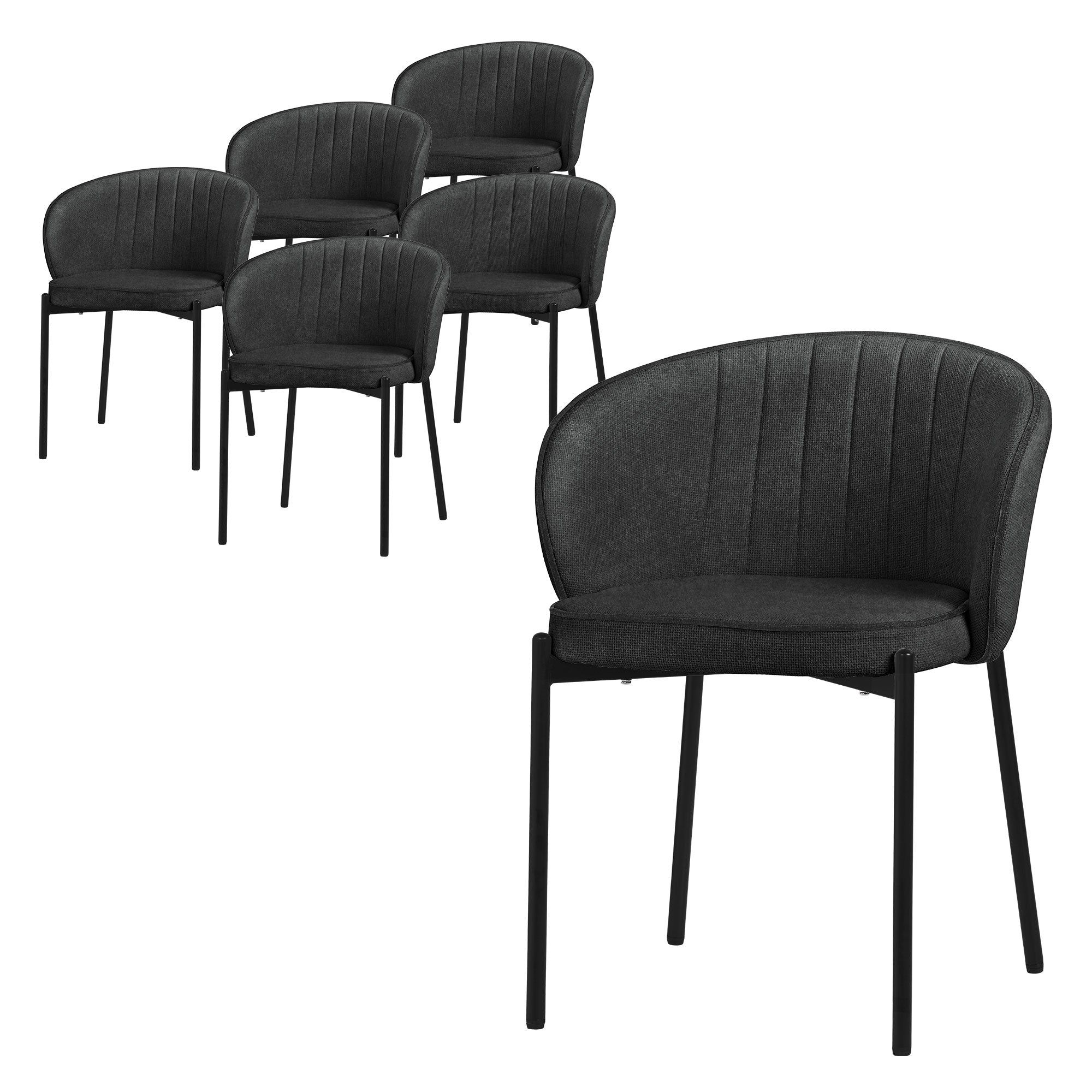 Sechs schwarze Stühle mit gepolsterter Sitzfläche und Rückenlehne.