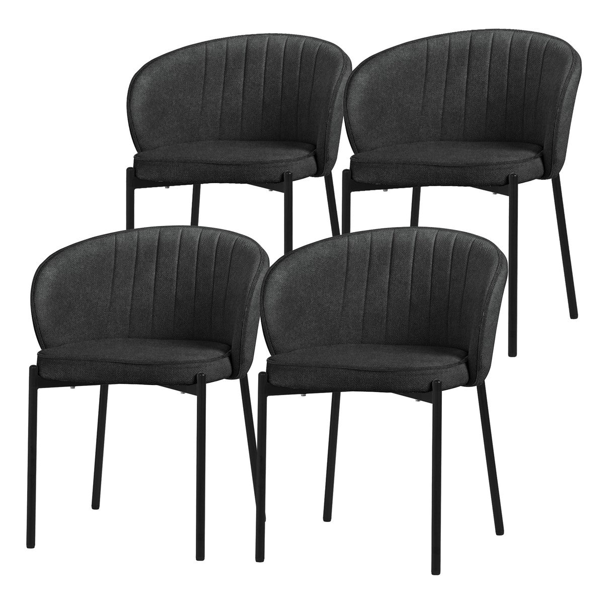 Quatro cadeiras pretas com encostos estofados sobre um fundo branco.