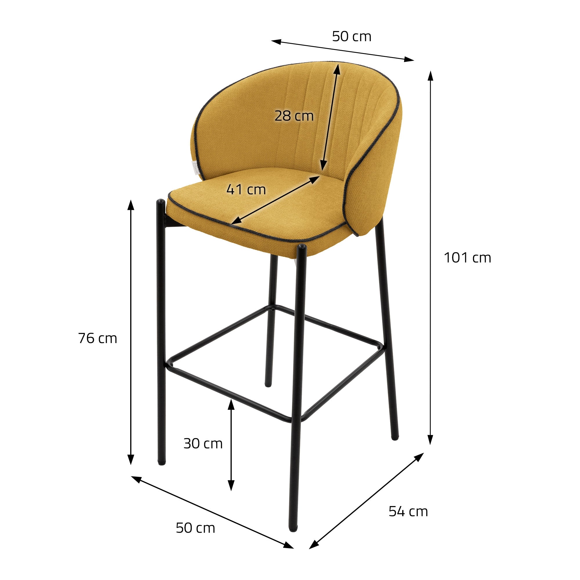 Høj stol med mål: 50 cm bredde, 76 cm højde, 30 cm dybde, 101 cm samlet størrelse.