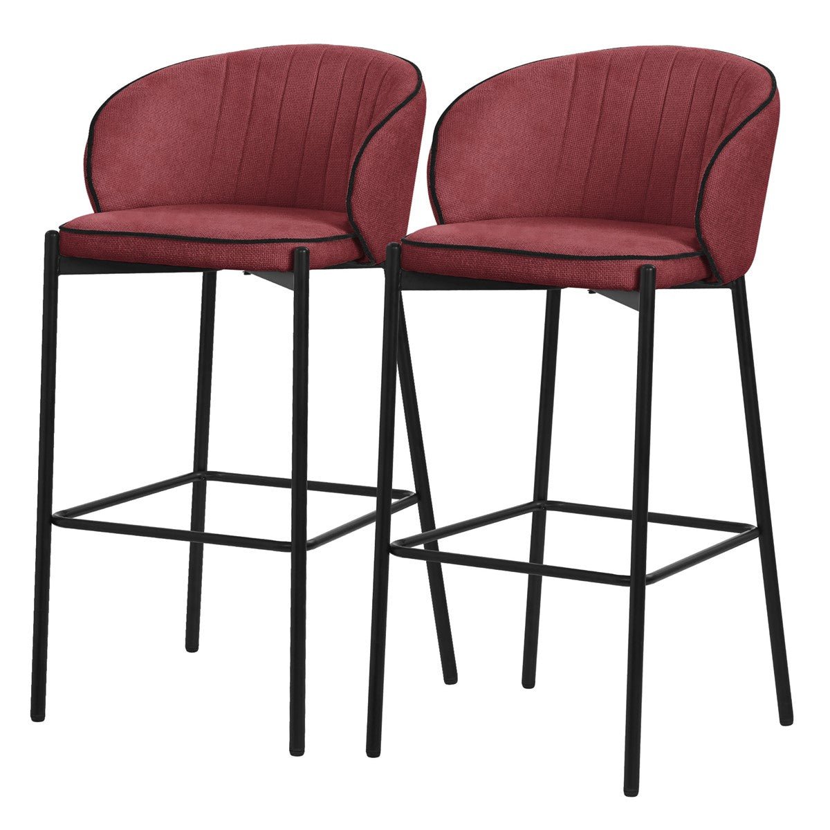 Zwei barhocker mit roter Polsterung und schwarzem Gestell.