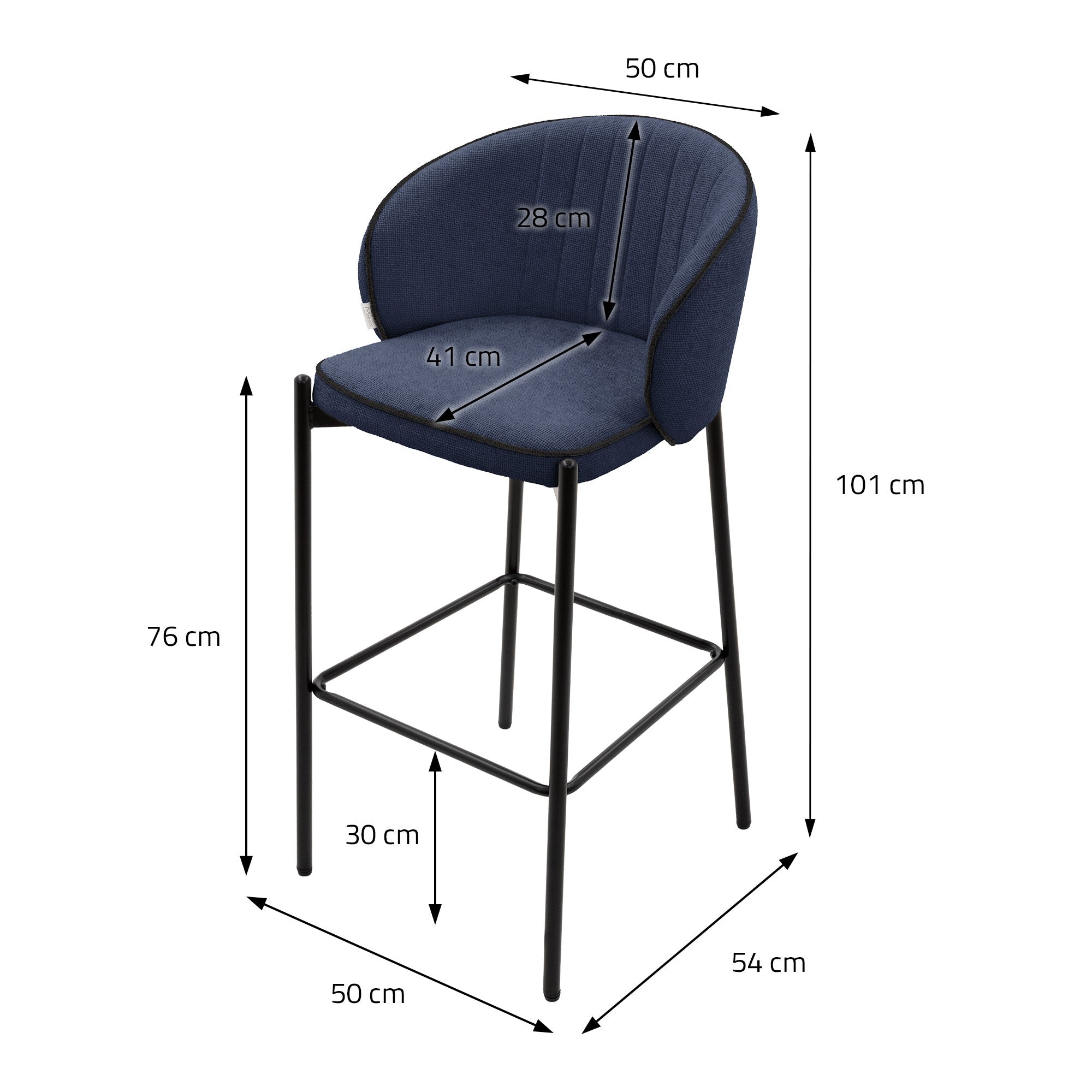 Høj stol med mål: 50 cm bredde, 76 cm højde, 30 cm fodstøtte.