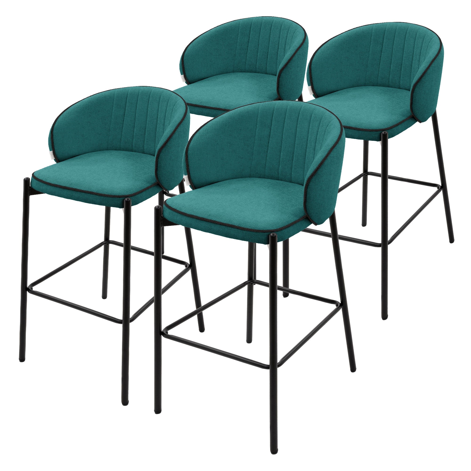 Vier türkisfarbene Barhocker mit gepolstertem Sitz und Rückenlehne.
