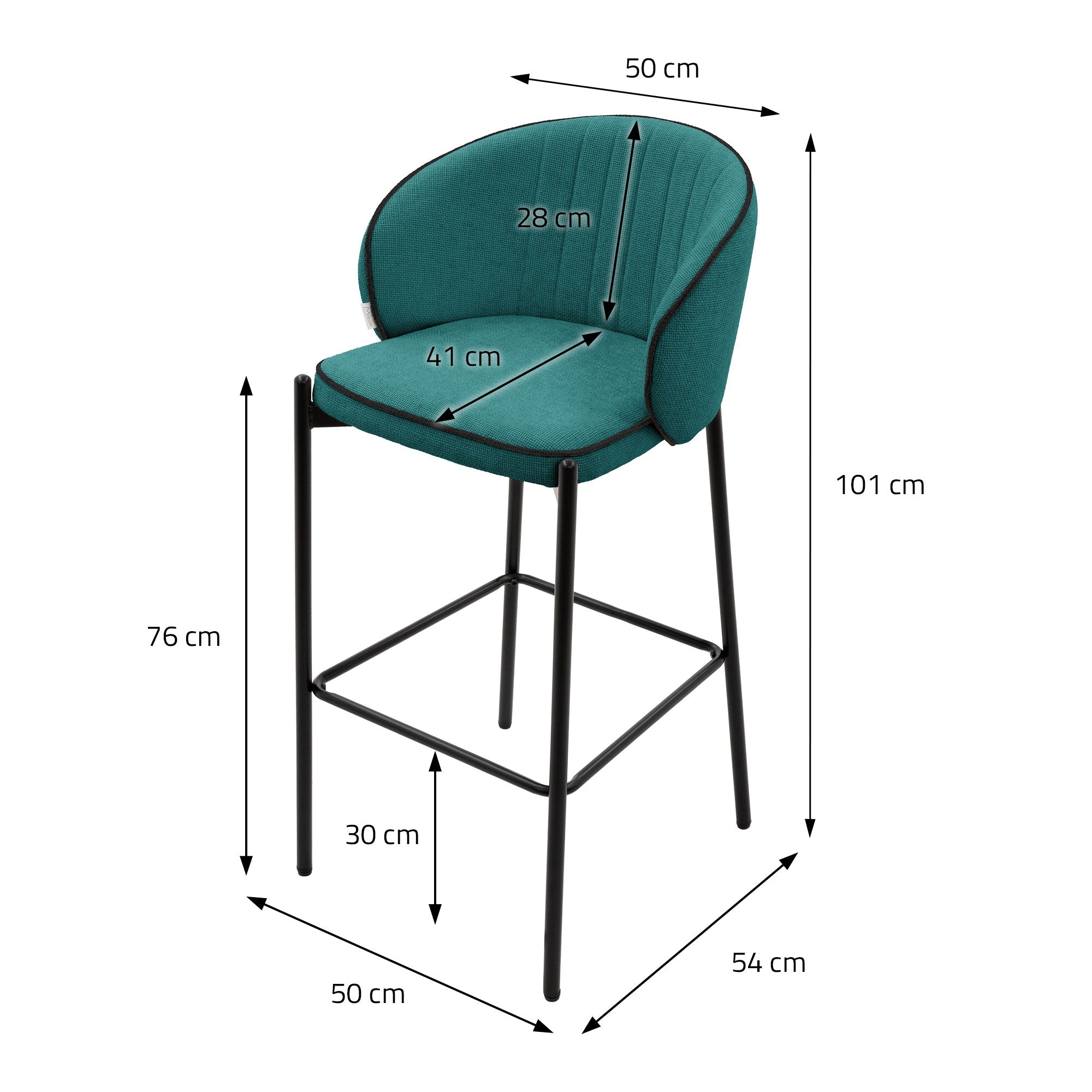 Hochstuhl mit Maßen: 50 cm Breite, 76 cm Höhe, 30 cm Tiefe, 101 cm Gesamtgröße.