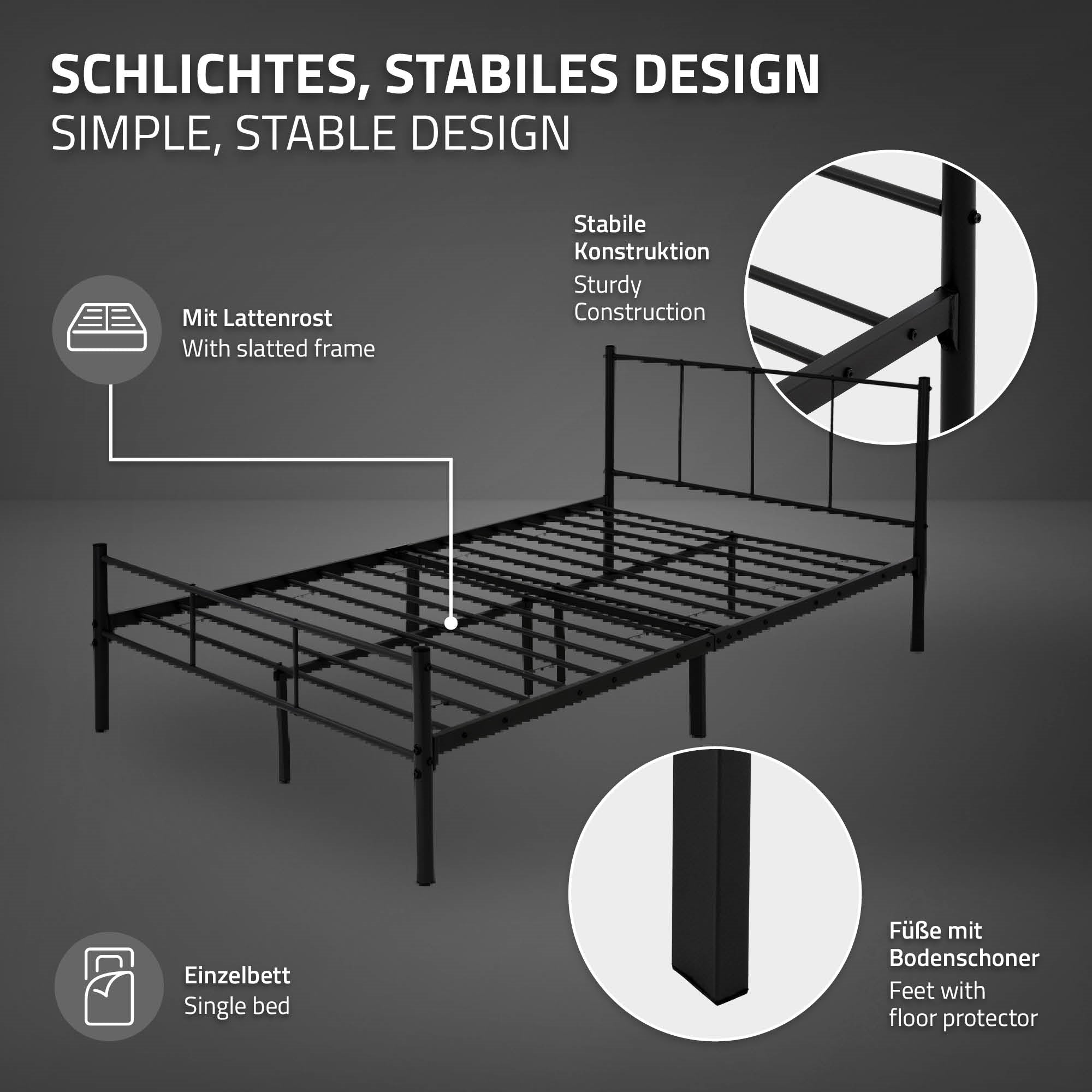 Schwarzes Bettgestell mit stabiler Konstruktion und Füßen mit Bodenschoner.
