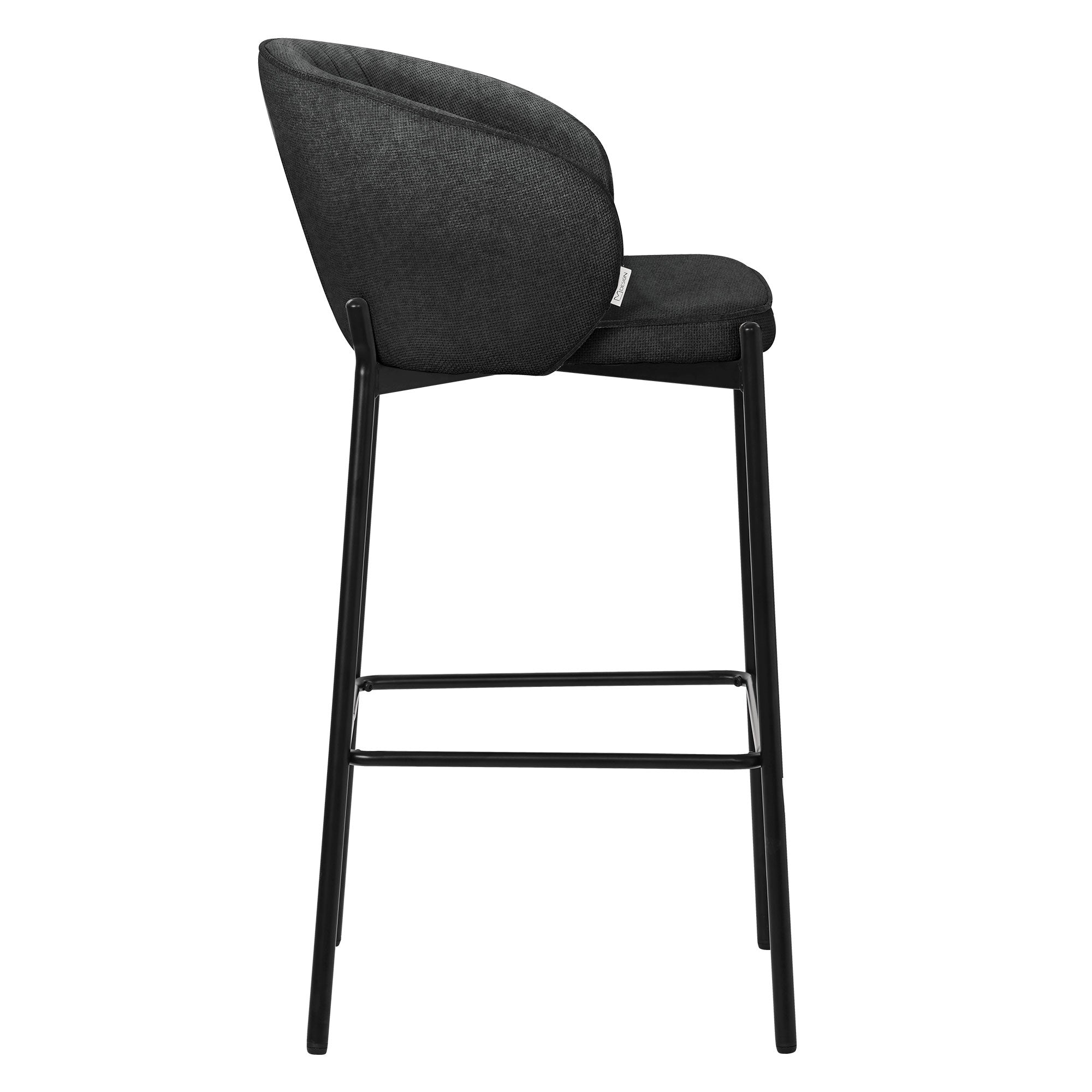 Side view of a black bar stool with a padded seat.