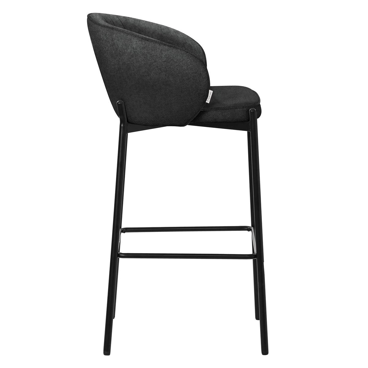 Side view of a black bar stool with an upholstered seat.