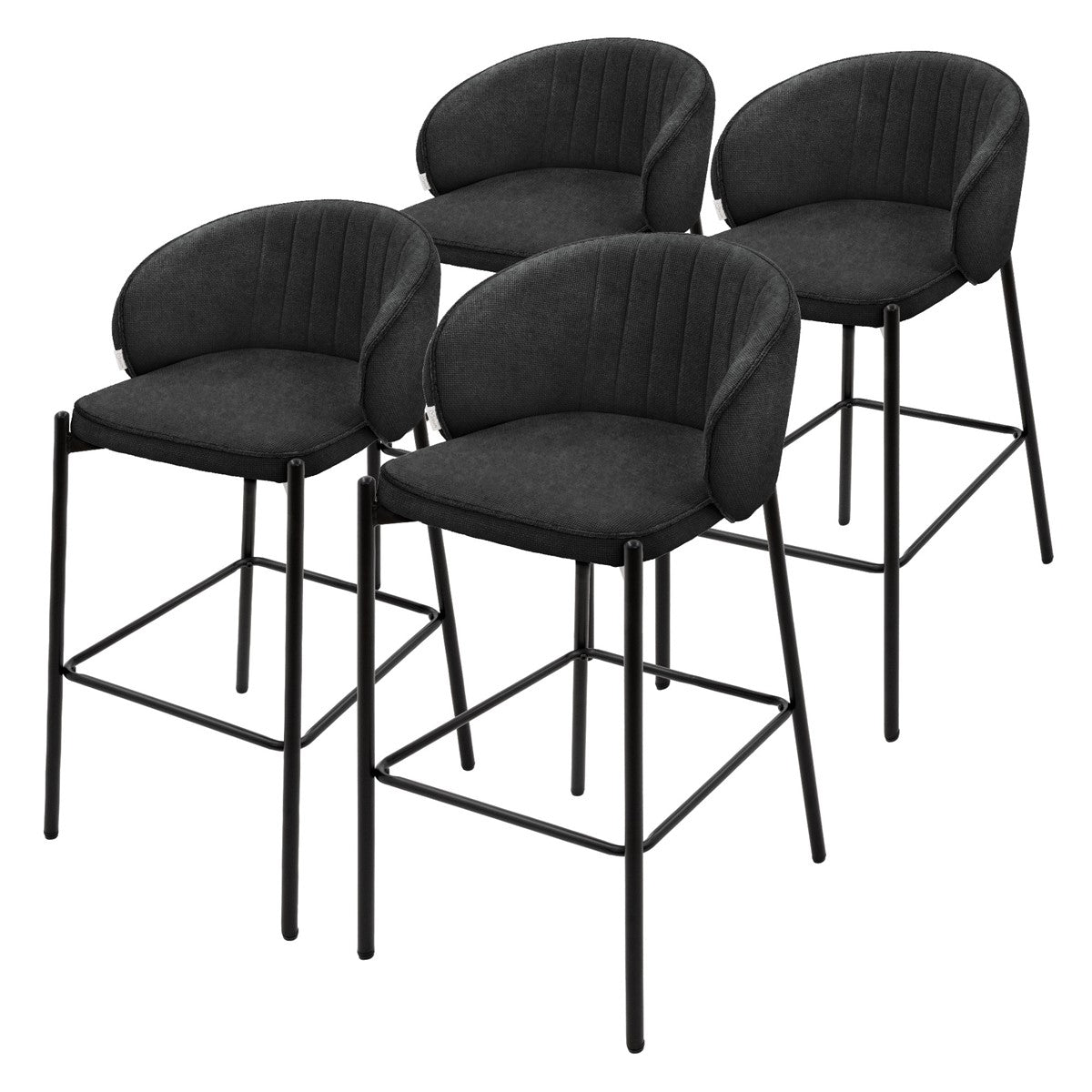 Four black bar stools with padded seats and backrests.