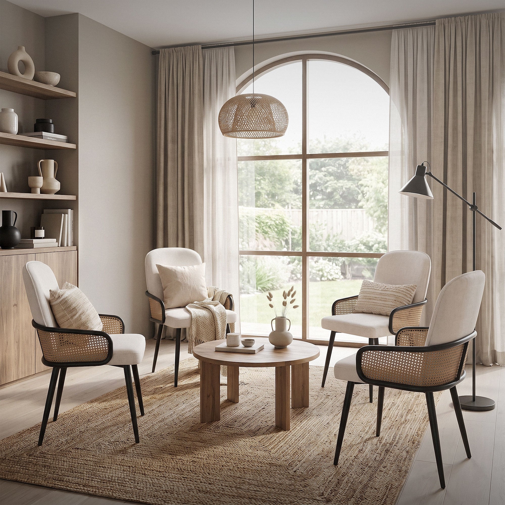 Wohnzimmer mit vier Stühlen um einen Tisch, große Fenster und Pflanzen.
