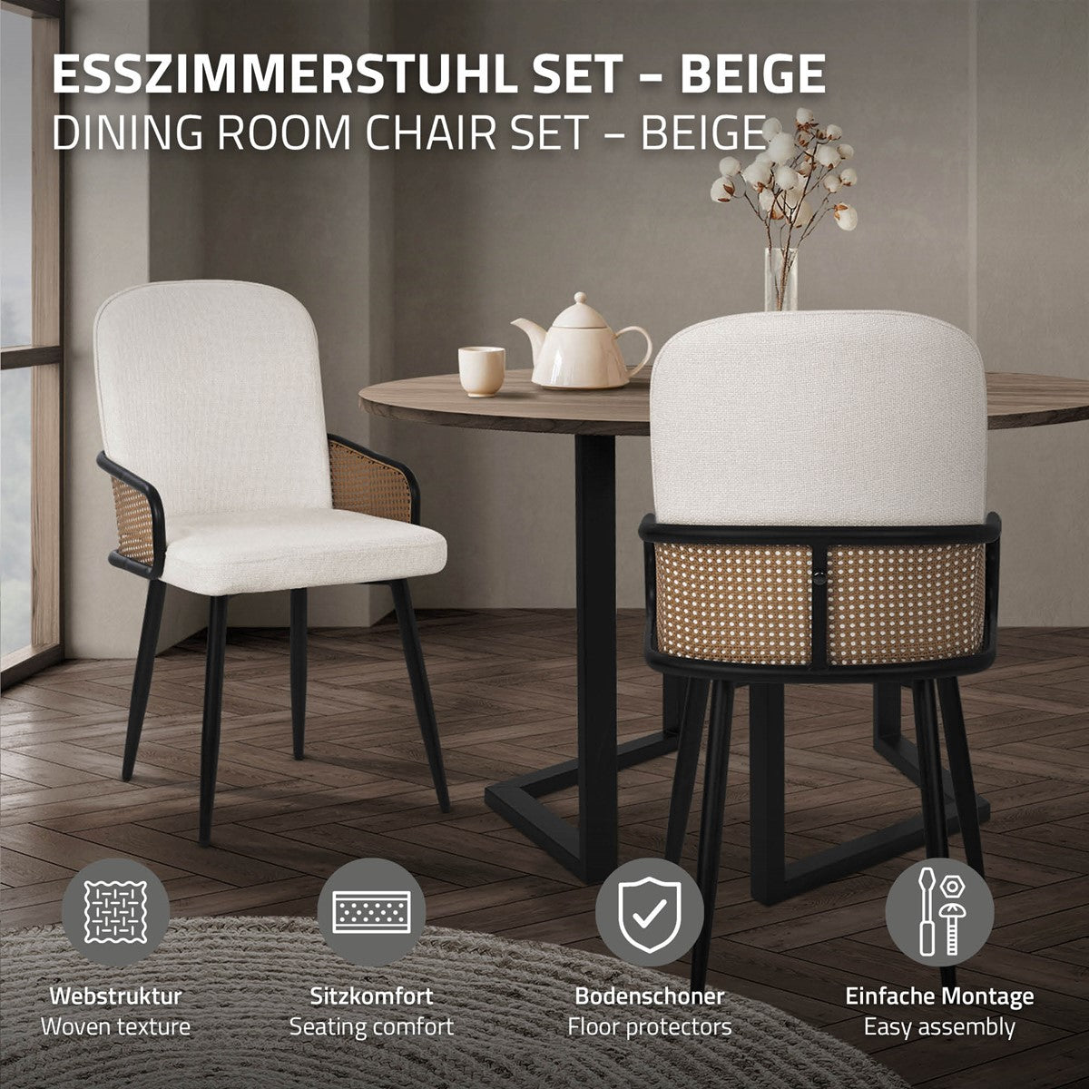 Set di sedie da pranzo beige con tavolo in una stanza moderna, con piante sullo sfondo.