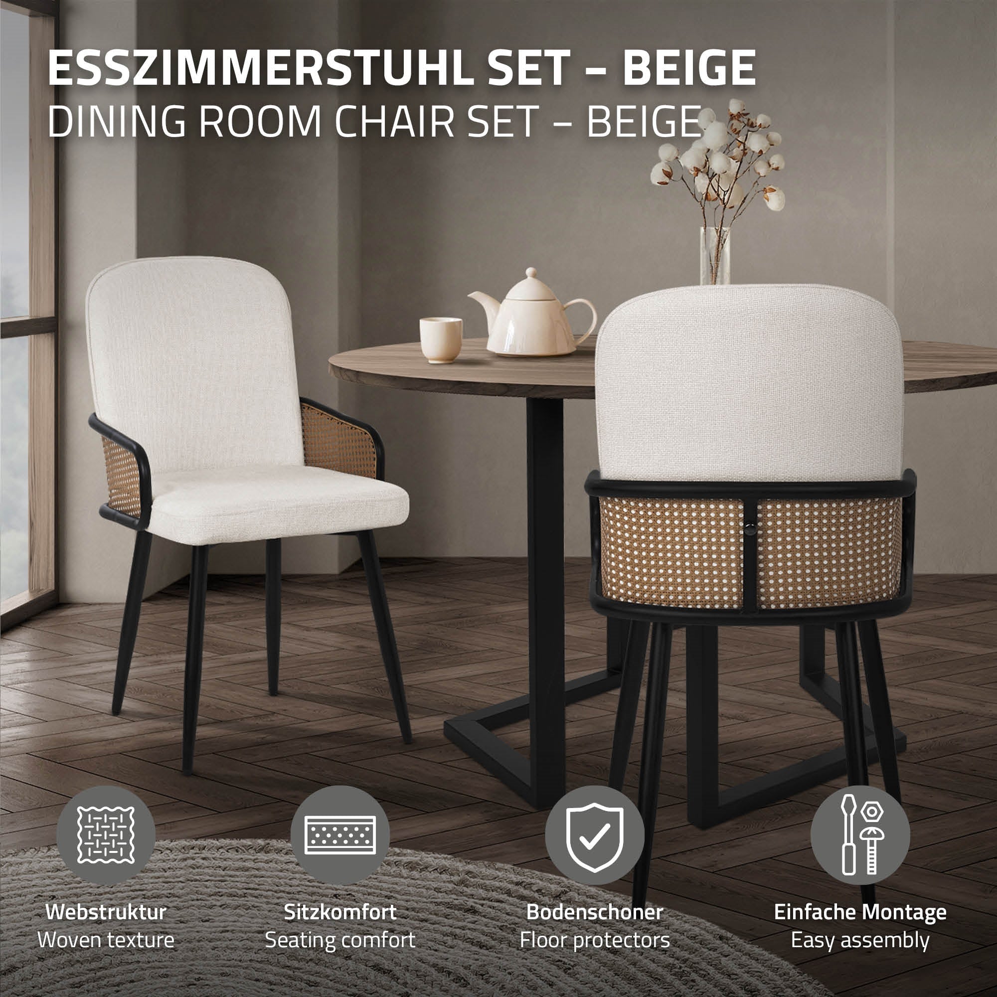 Beige spisestuestol sæt med bord i moderne rum, planter i baggrunden.