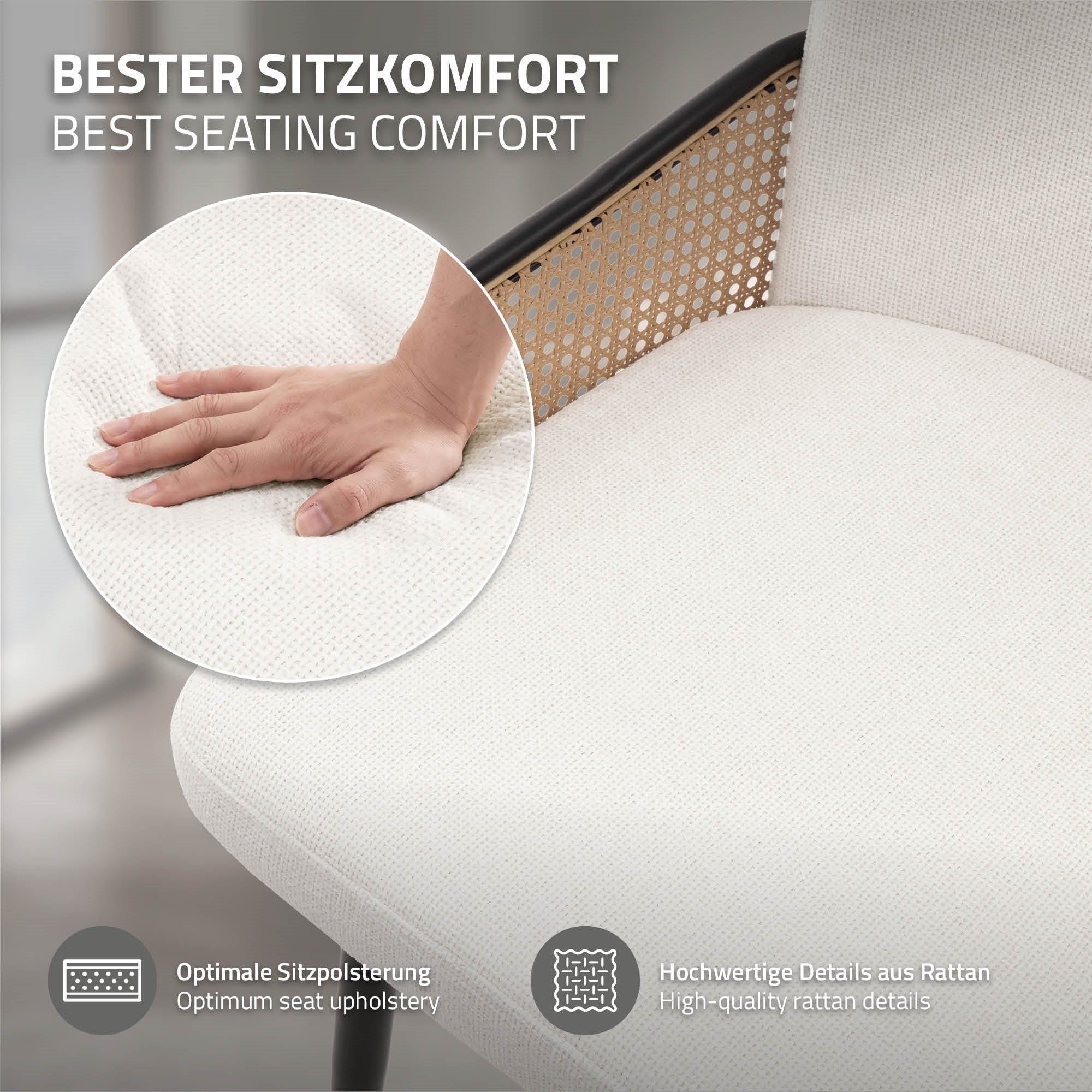 Close-up of a white chair with a hand on the seat.