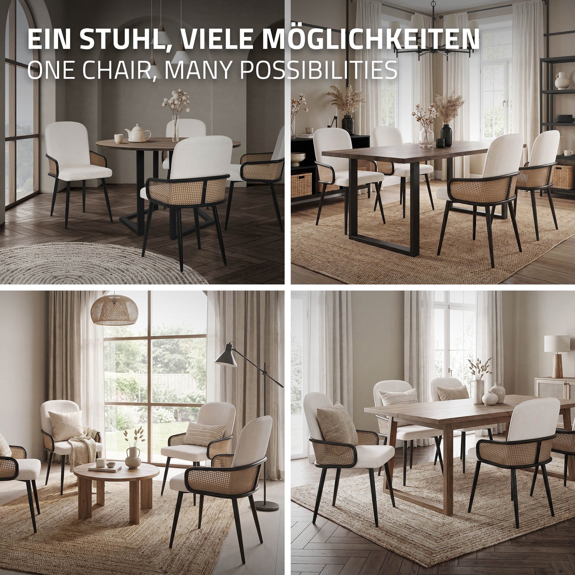 Vier Stühle in verschiedenen Arrangements in einem modernen Raum.