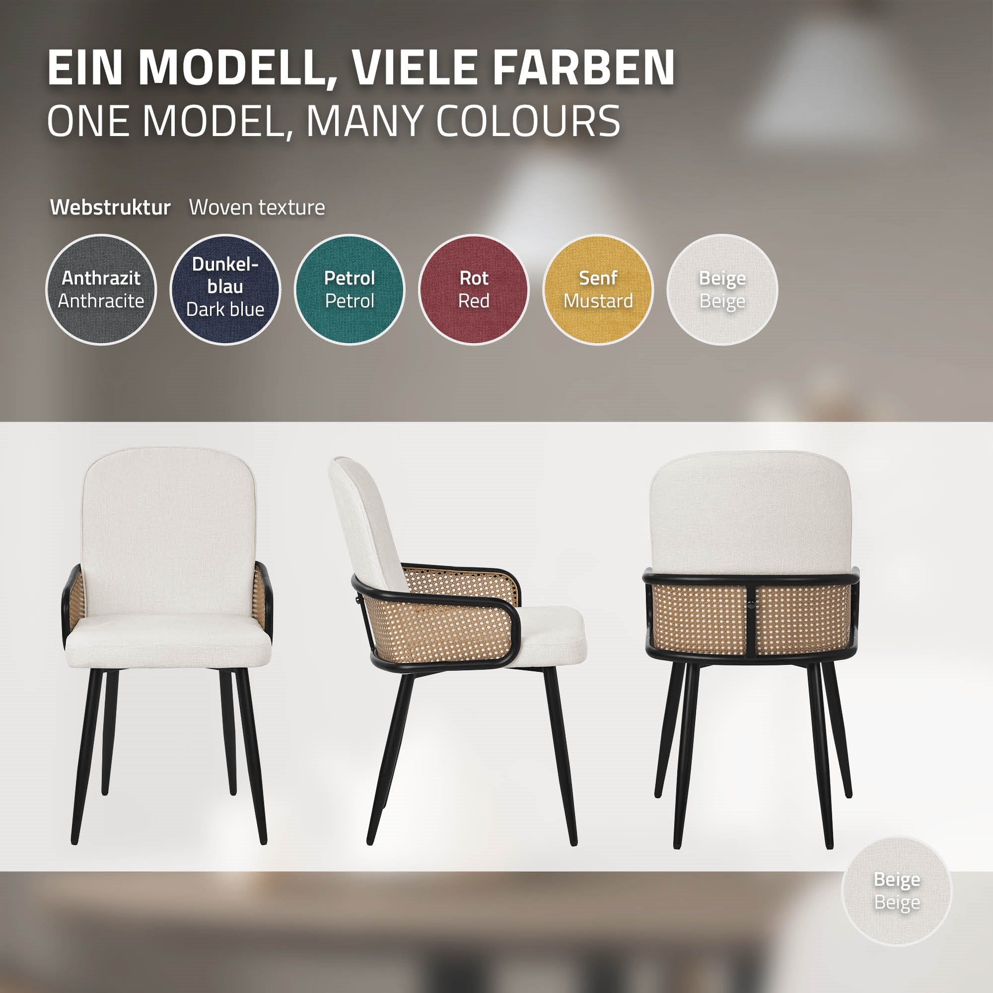 Chair in various colors and fabric structures, with textures and color patterns.