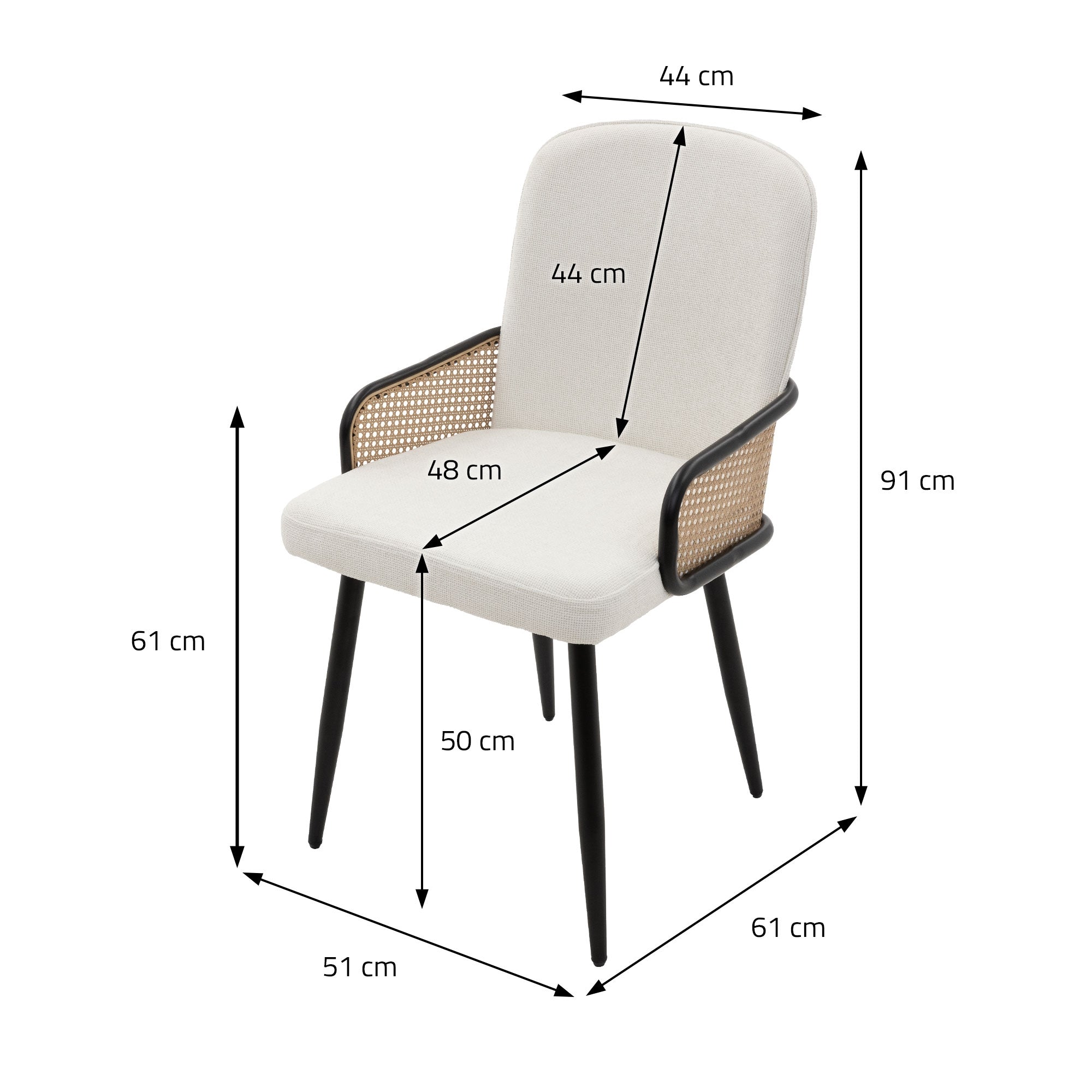 Dimension drawing of a chair with measurements in centimeters.