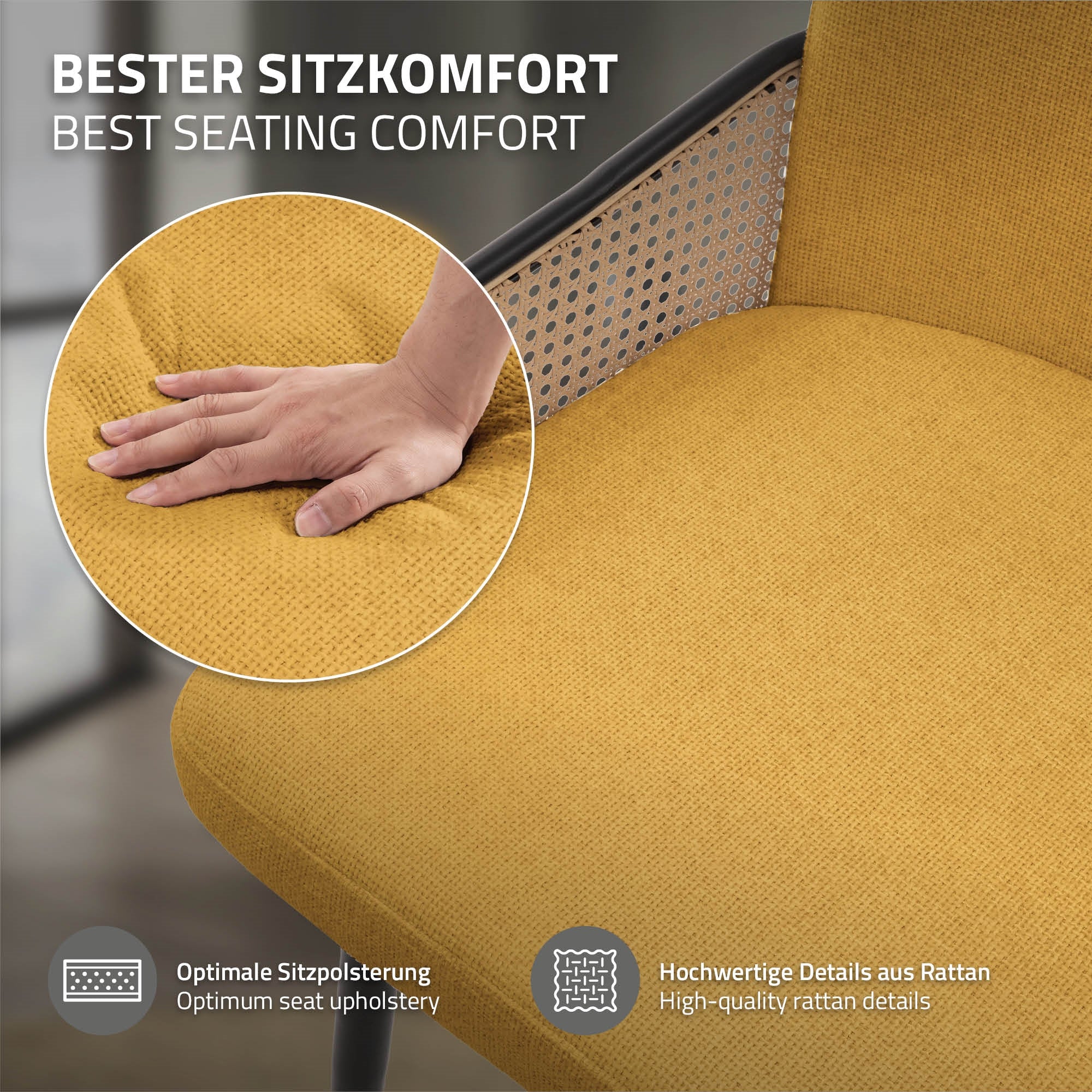 Close-up of a yellow chair with rattan details and padded seat.