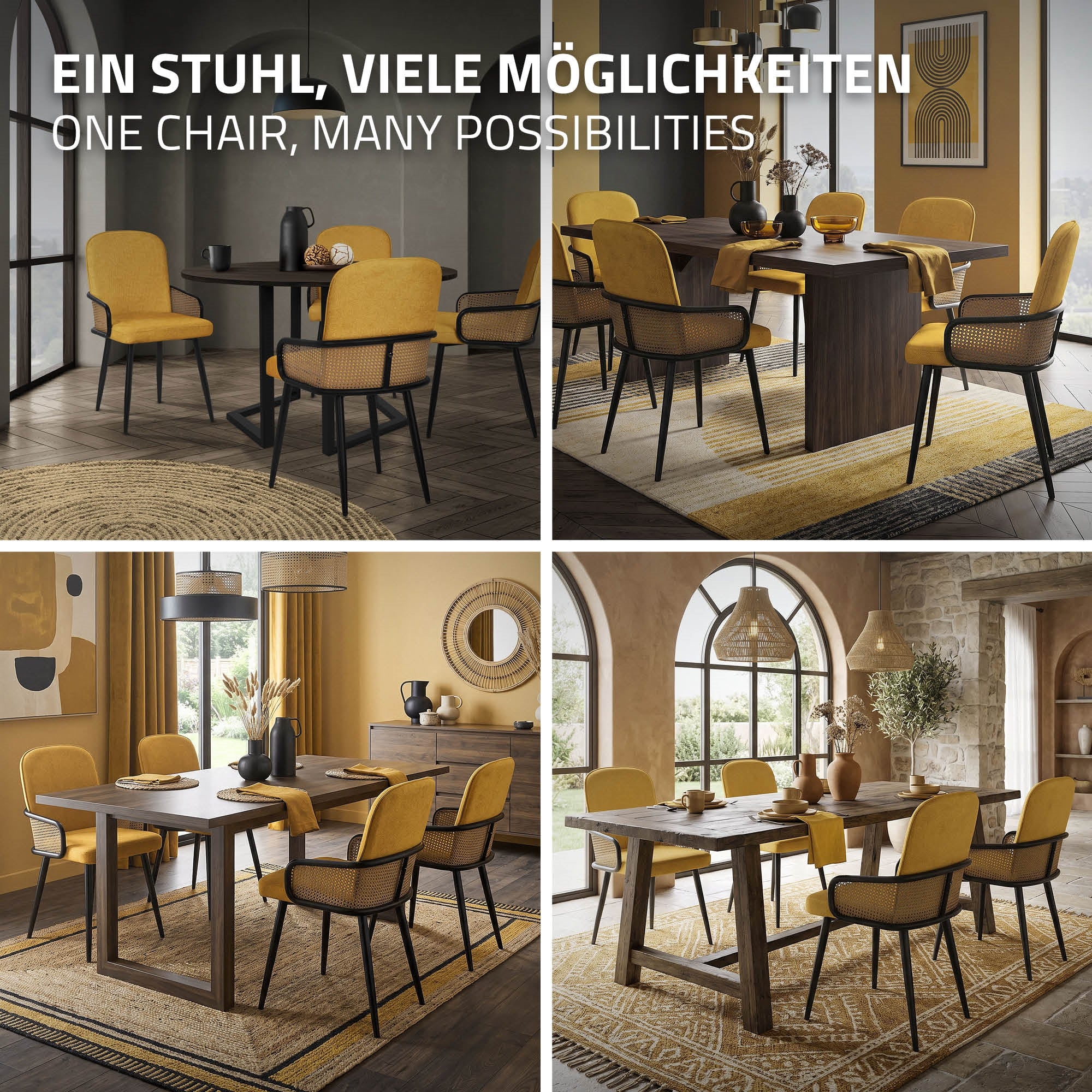 Dining room with yellow chairs and a wooden table, decorated with pictures.