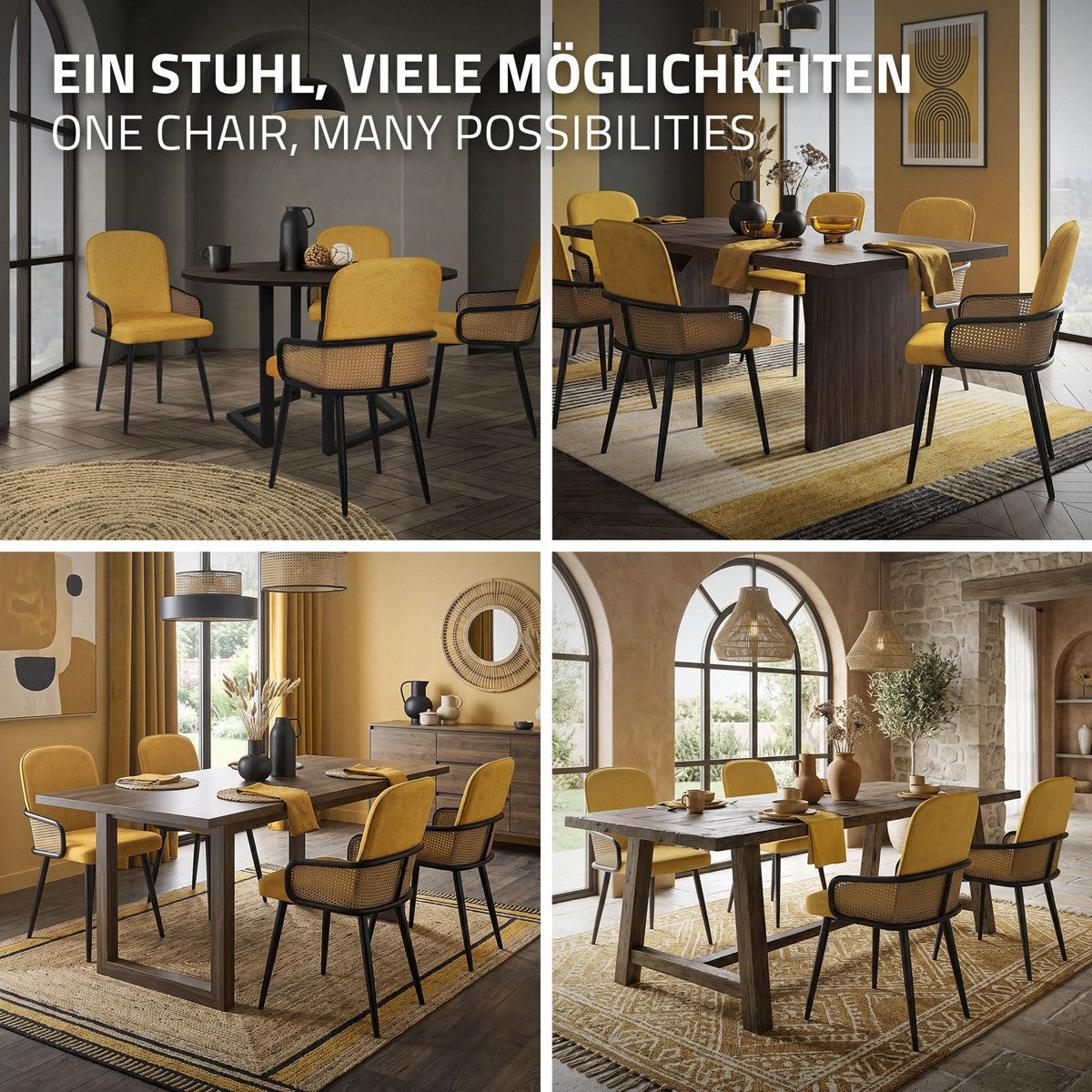 Esszimmer mit gelben Stühlen und einem Holztisch, dekoriert mit Bildern.