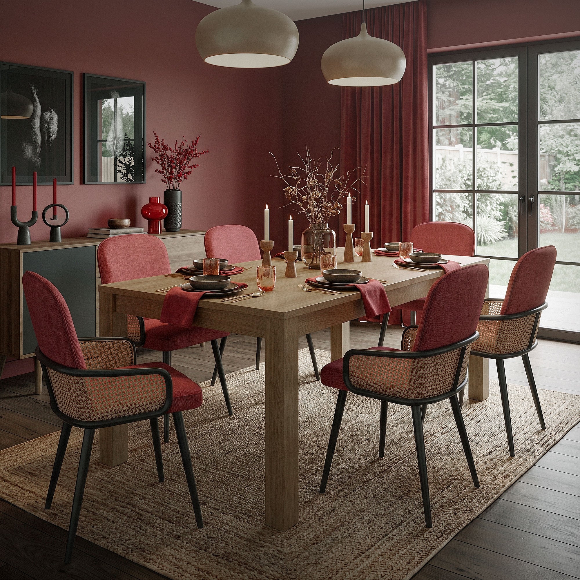 Dining room with a wooden table and six red chairs, decorated with candles.