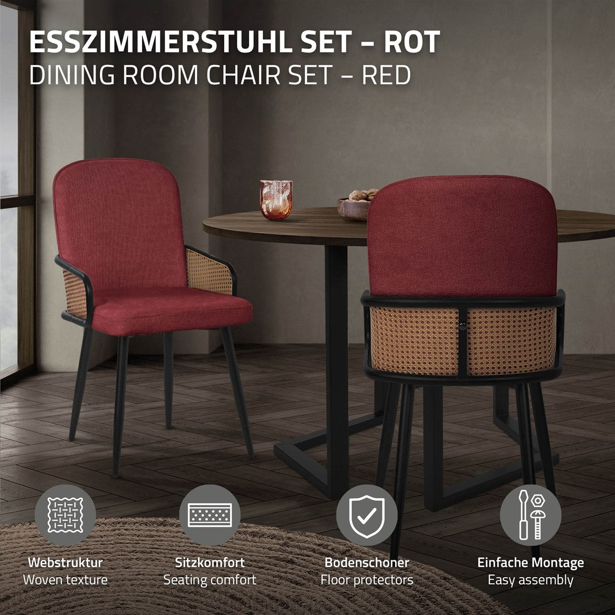 Two red dining chairs beside a table in a modern room.