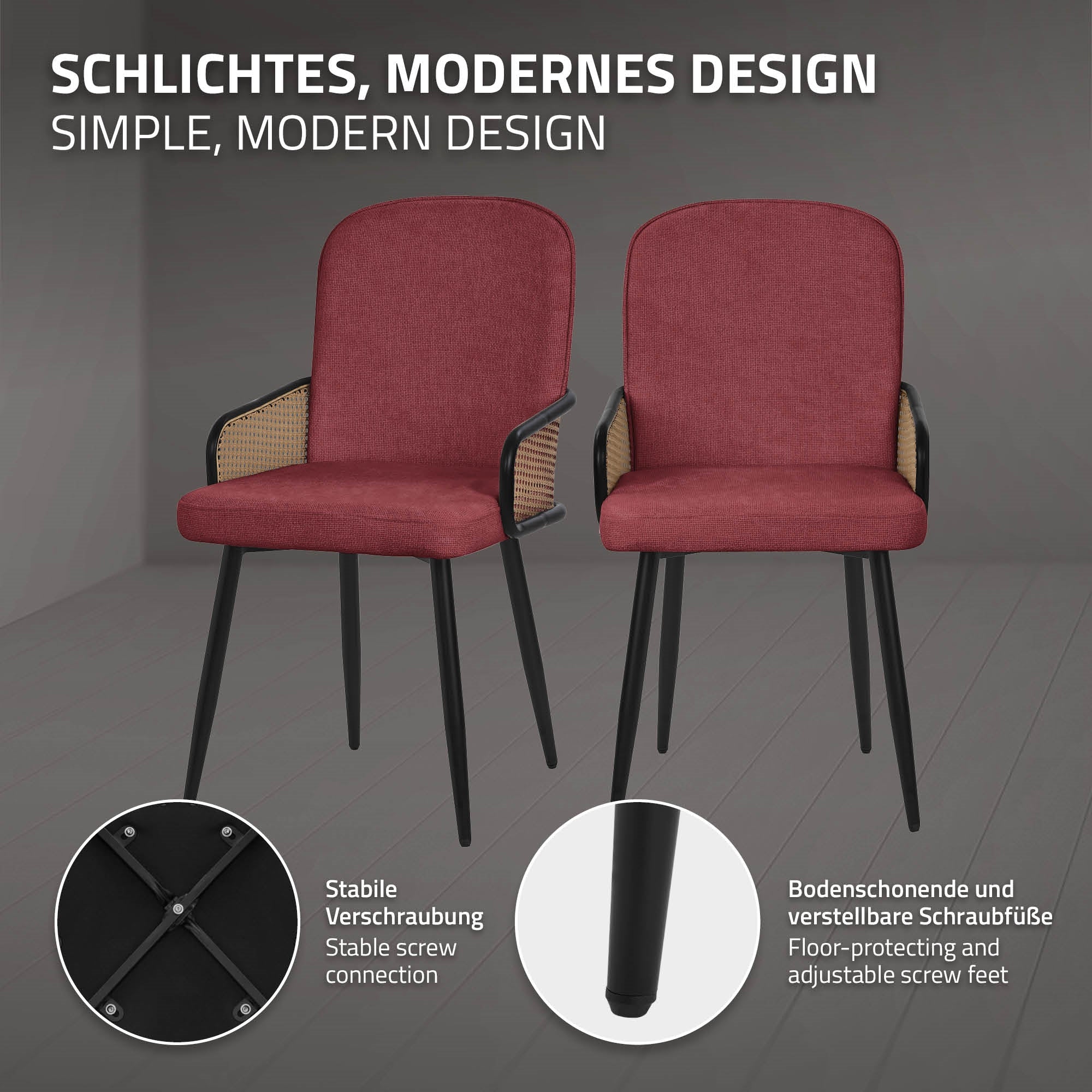 Two modern chairs in red with a stable screw connection on a gray background.
