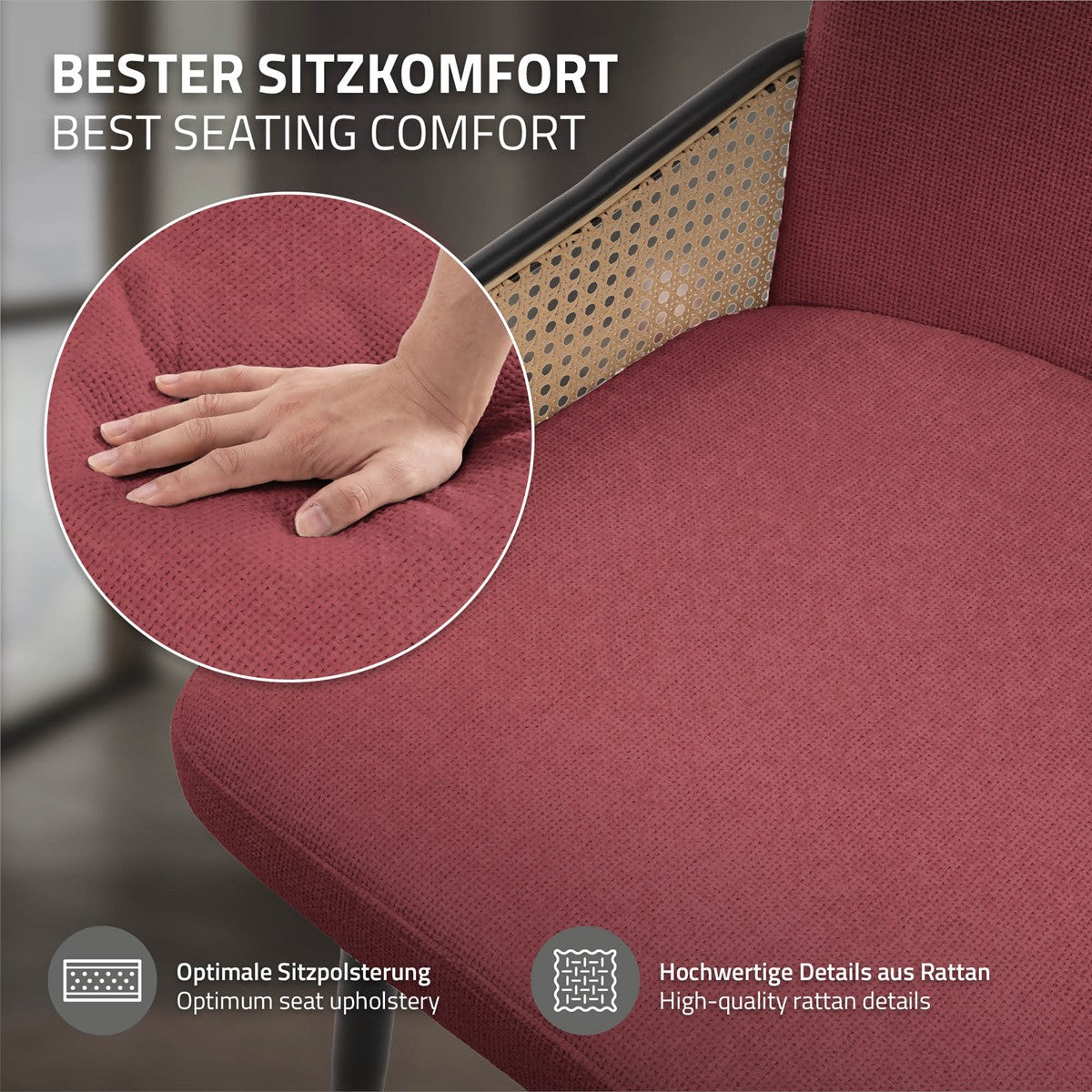 Nahaufnahme eines roten Stuhls mit weichem Sitzpolster und Rattandetails.