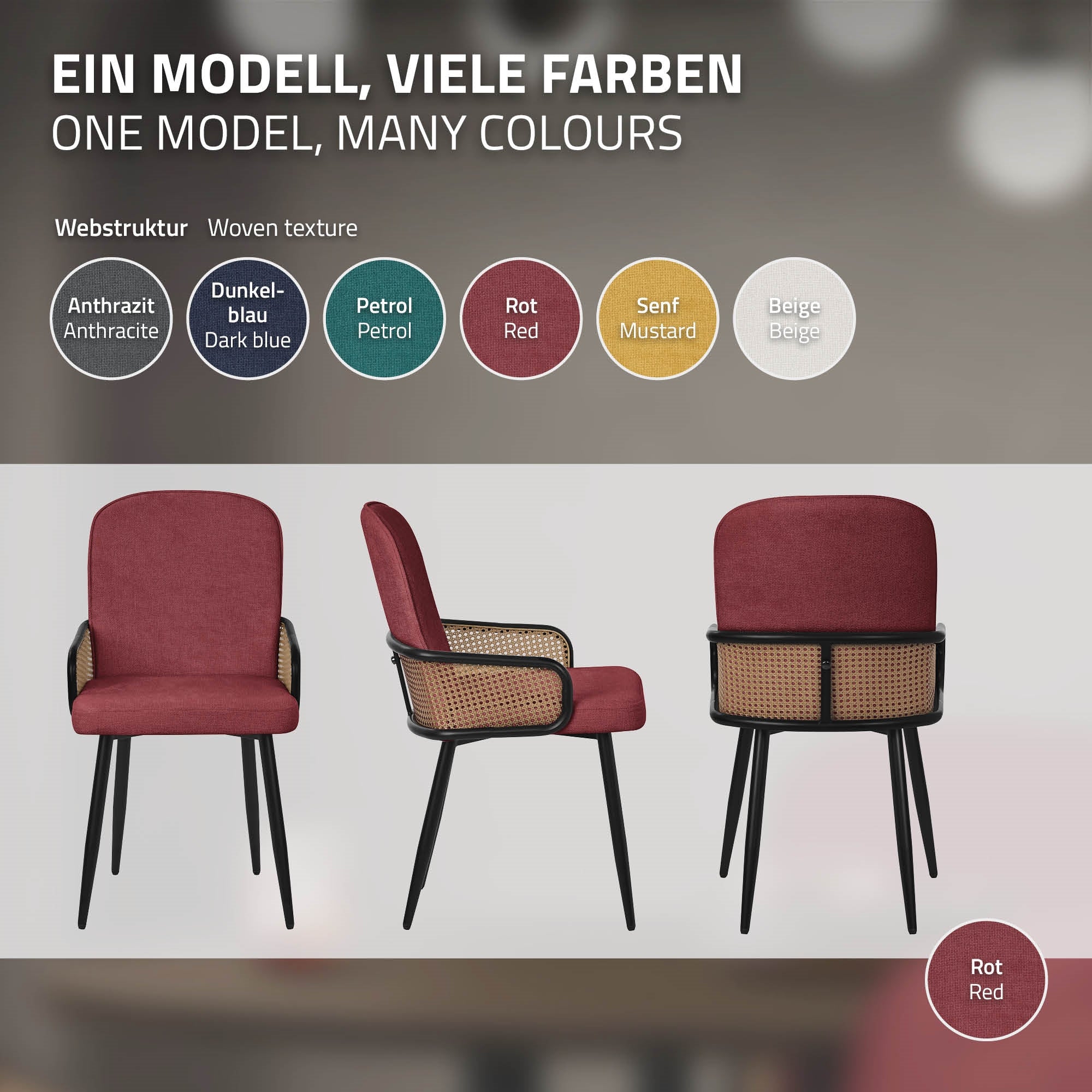 Chair model in various colors: anthracite, dark blue, petrol, red, mustard, beige.