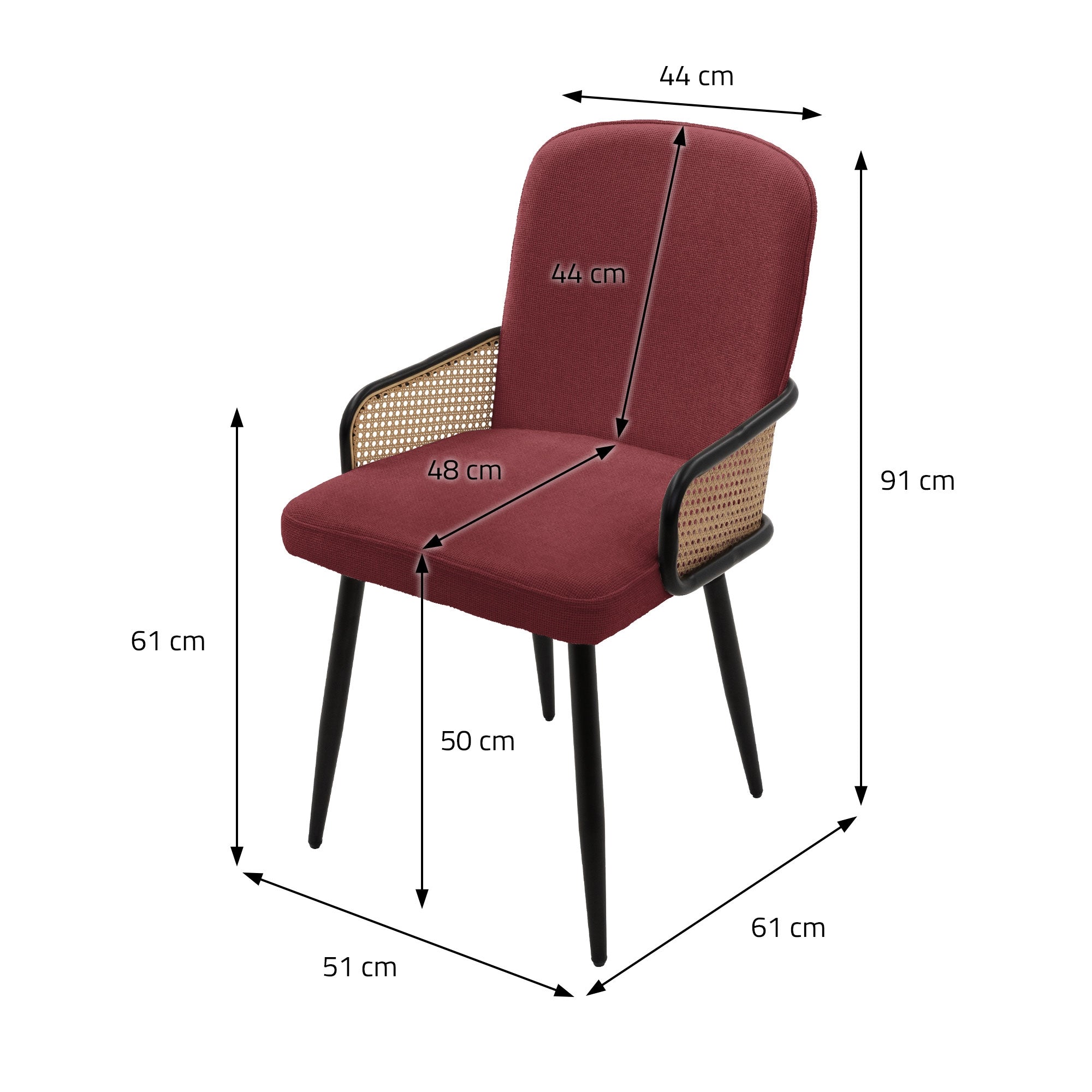Dimension drawing of a chair with measurements in centimeters.