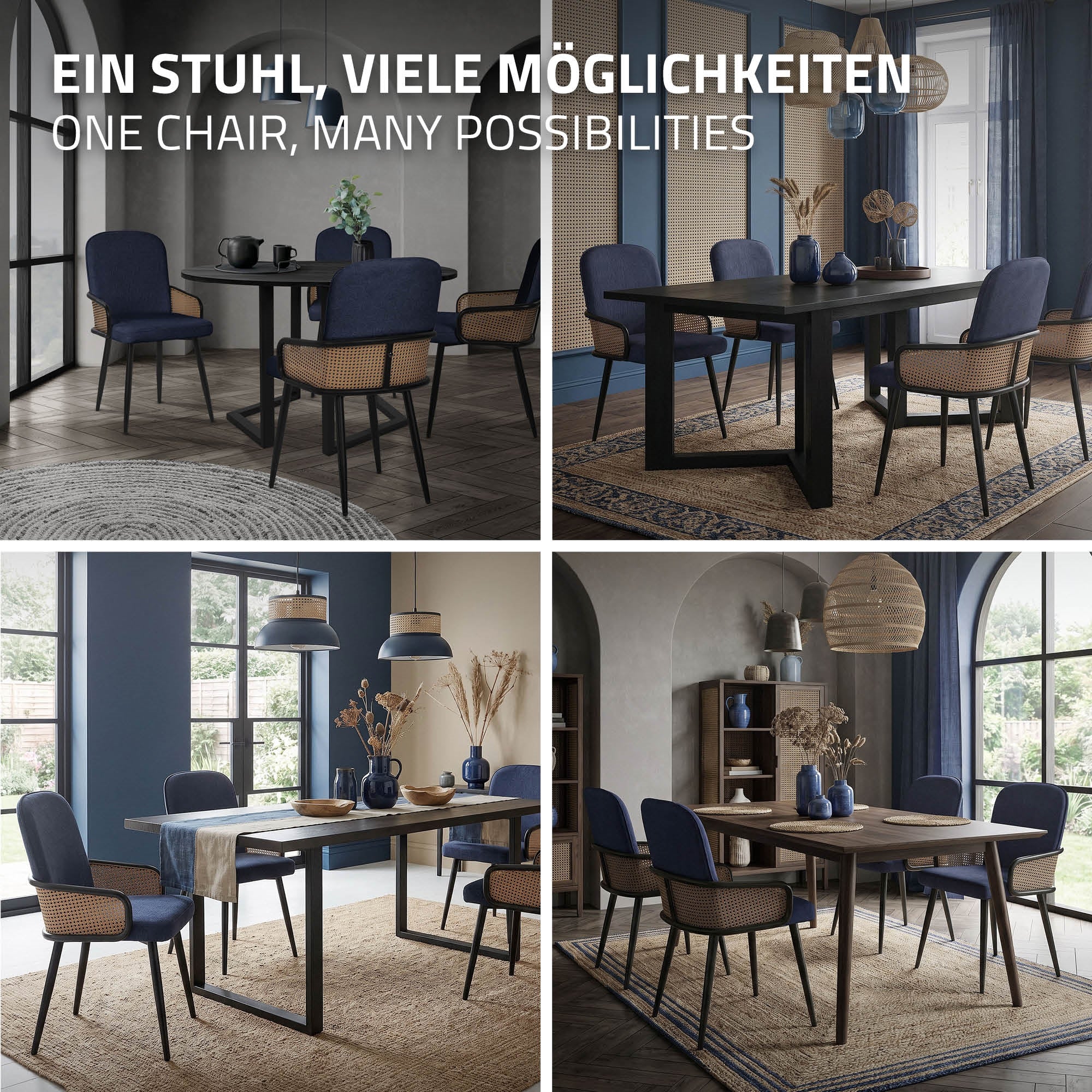 Cuatro imágenes de un comedor con diferentes disposiciones de sillas y mesas.