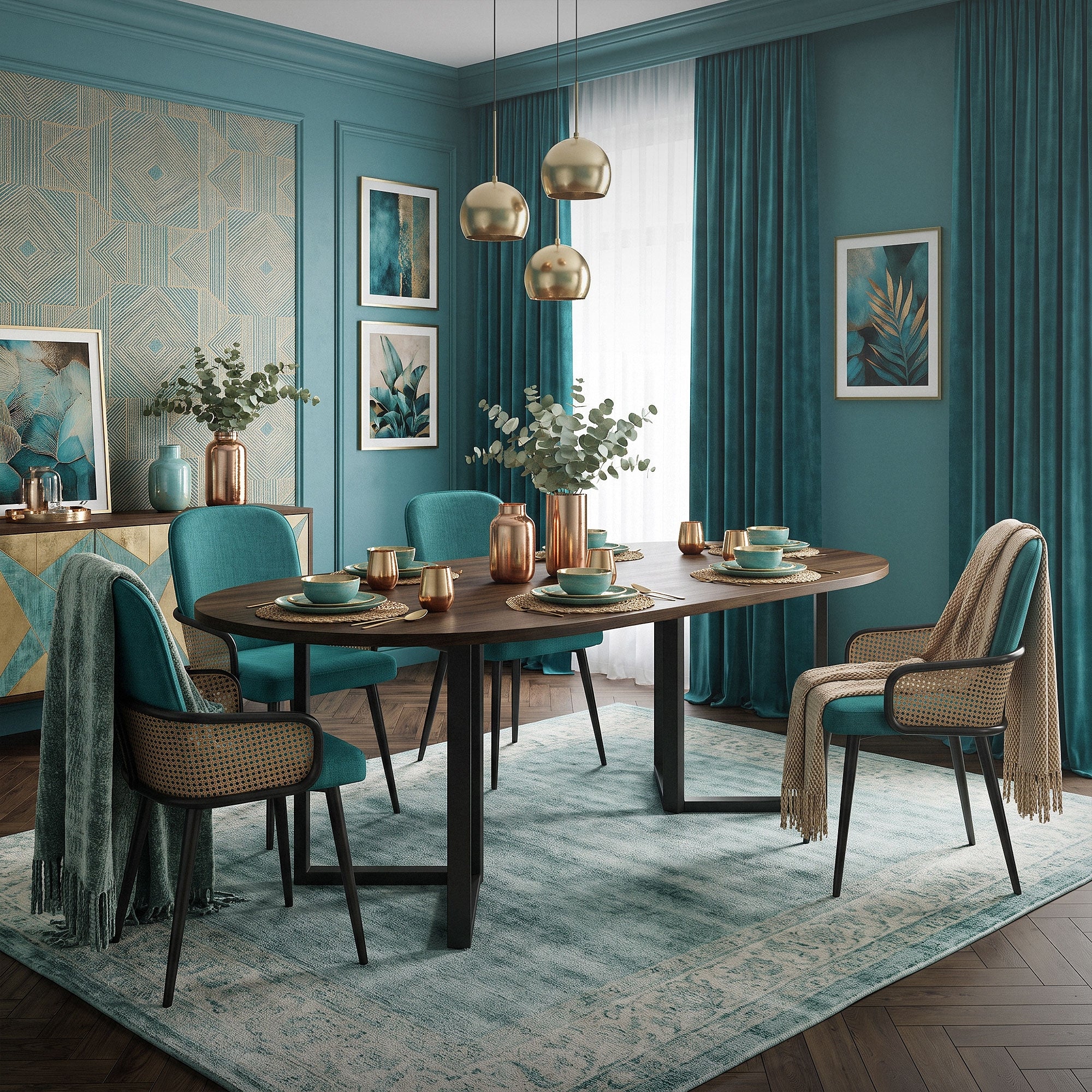 Esszimmer mit ovalem Tisch, grünen Stühlen und goldenen Lampen.