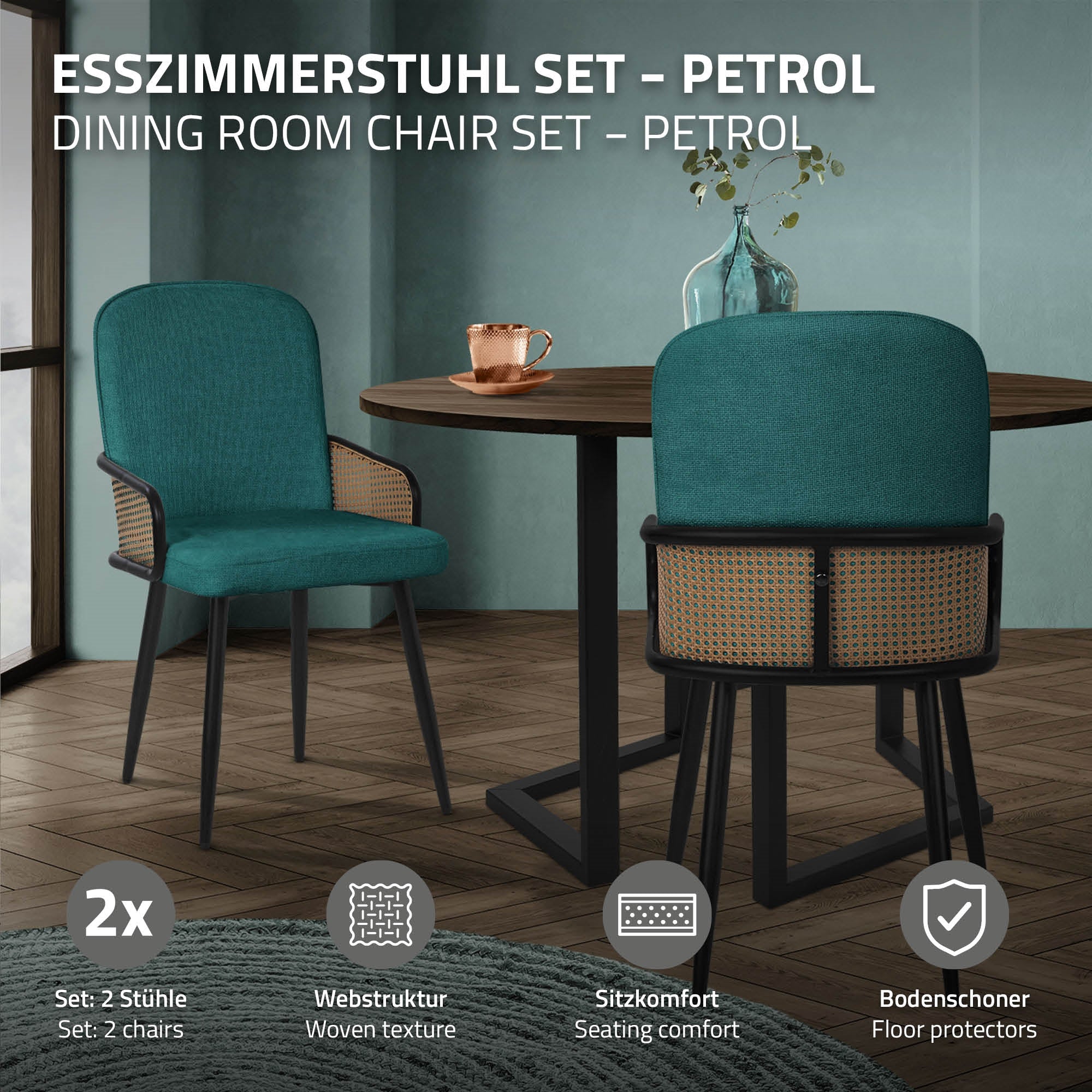 Esszimmerstuhl-Set in Petrol, zwei Stühle an einem Tisch.