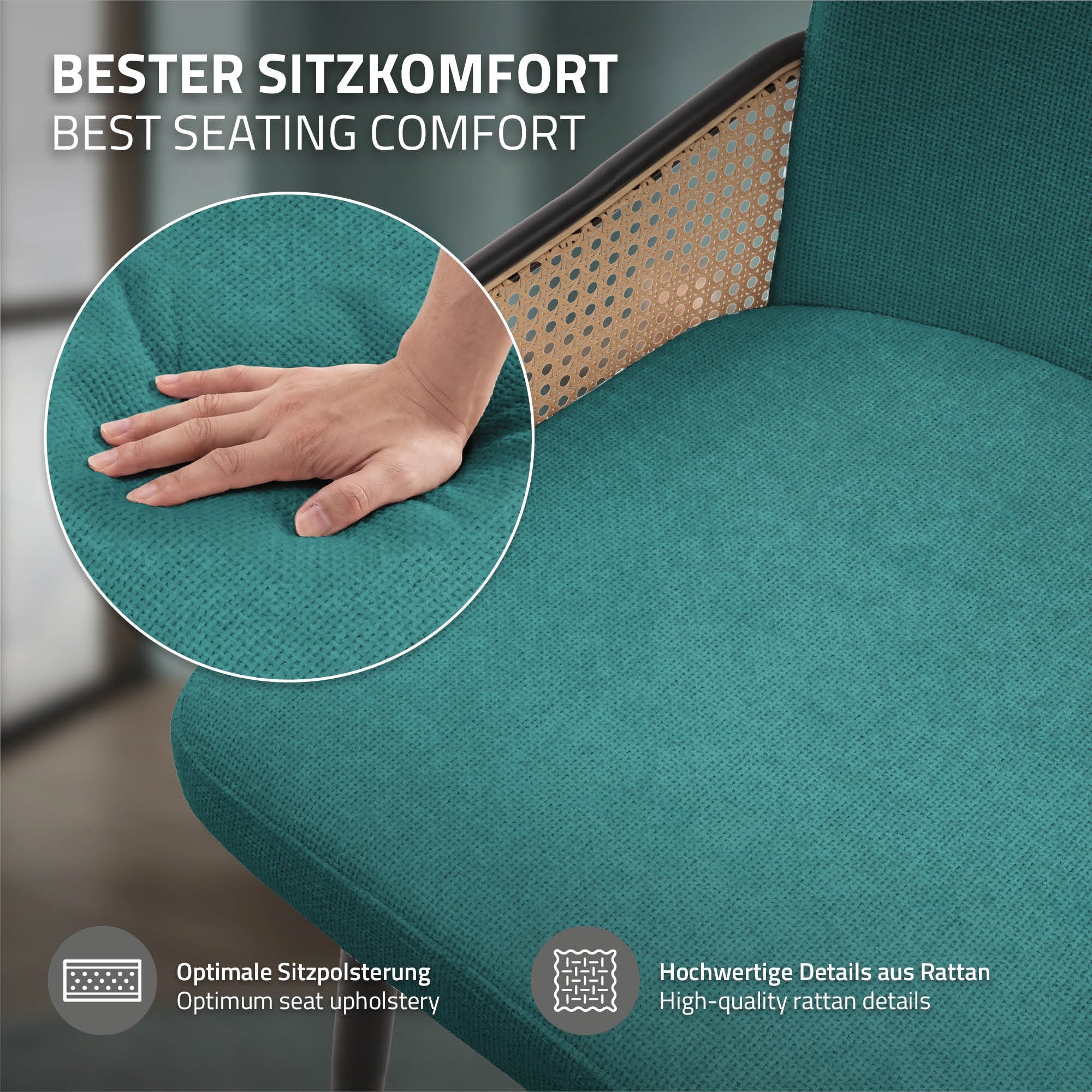 Közelkép egy székről, fókuszálva a kárpitozásra és a rattan részletekre.