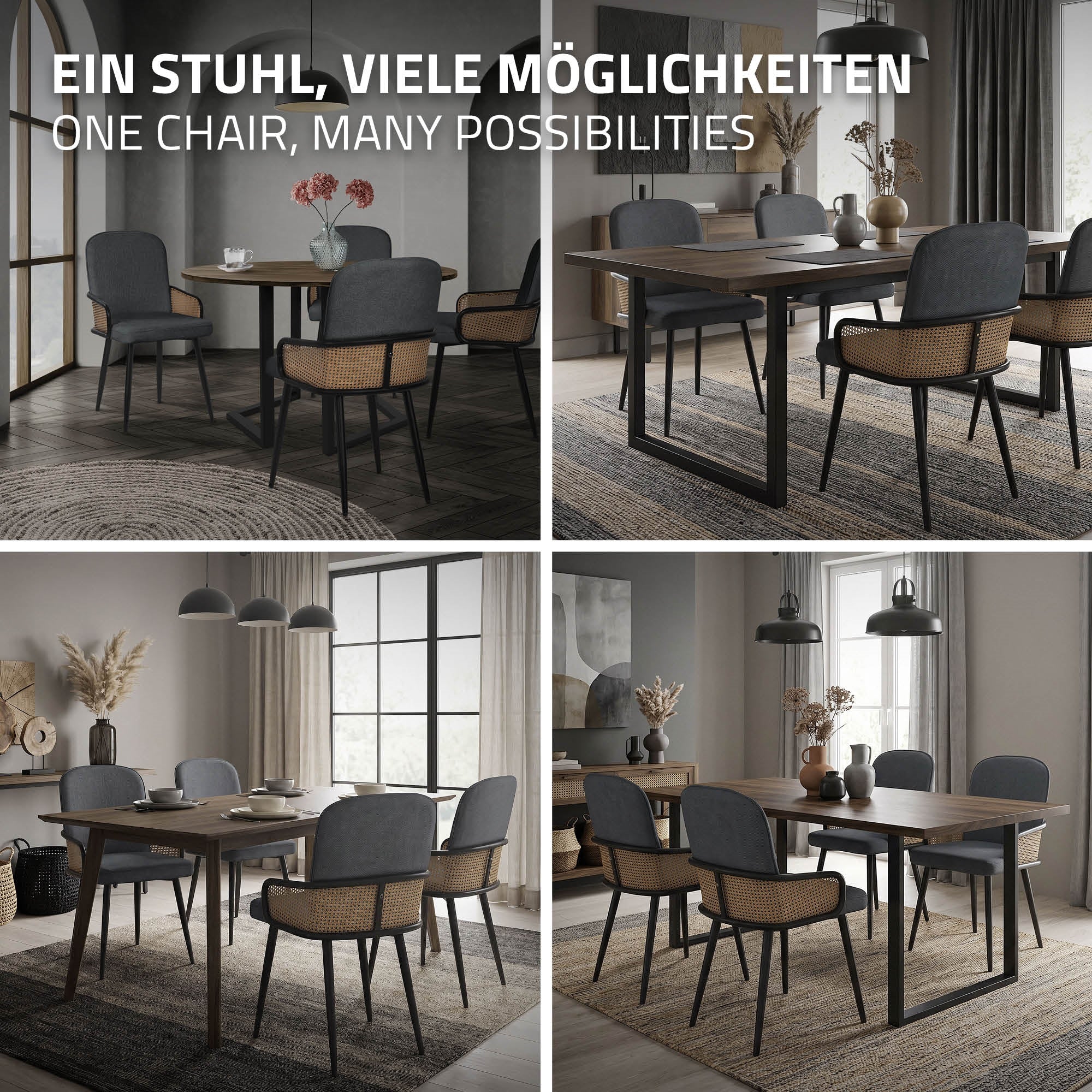 Négy szék egy asztal körül egy modern étkezőben dekoratív elemekkel.